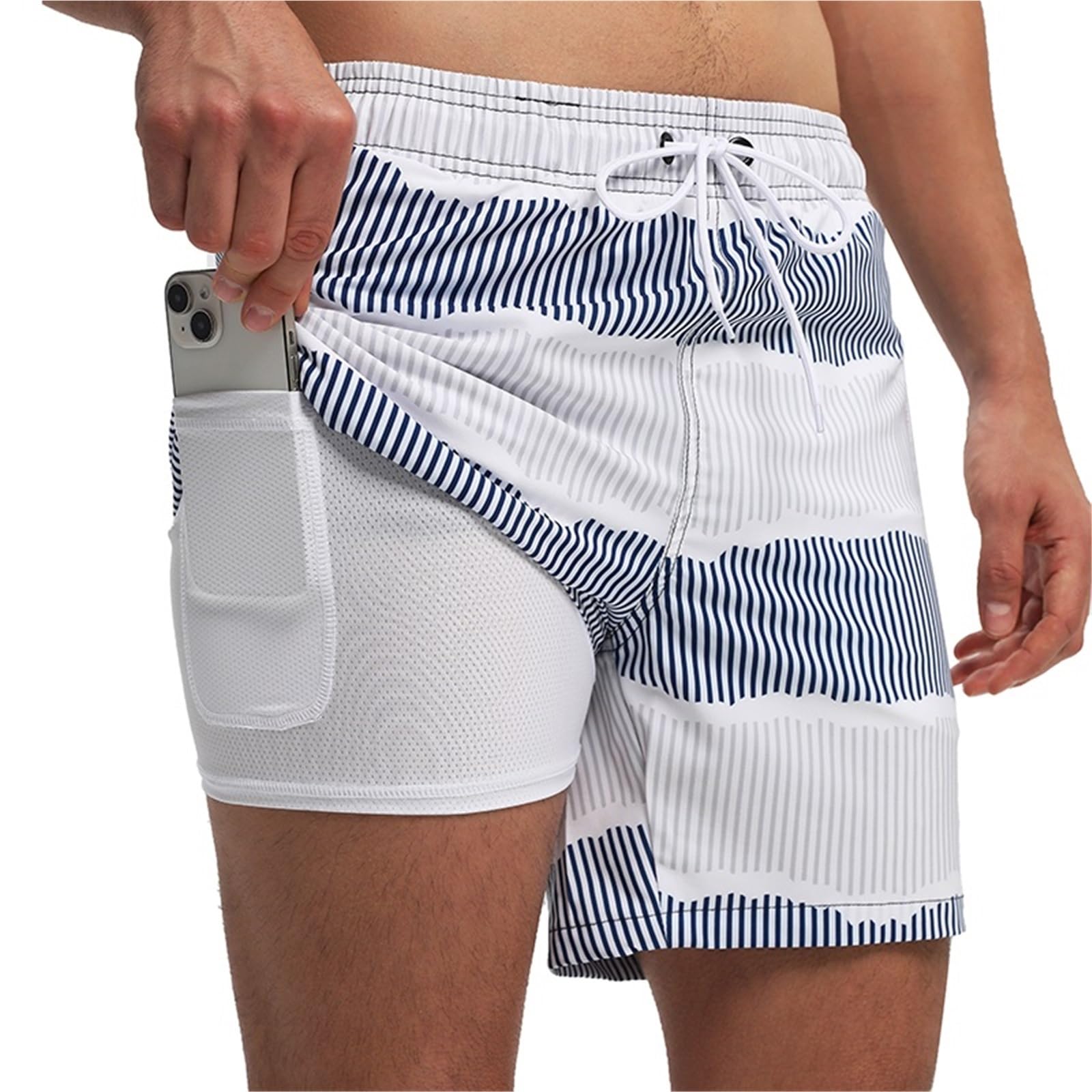 Pantaloncini da Bagno Estivi in ​​Poliestere da Uomo, da Palestra, ad Asciugatura Rapida, con Elastico in Vita, Pantaloni da Spiaggia(Blue with White,L)