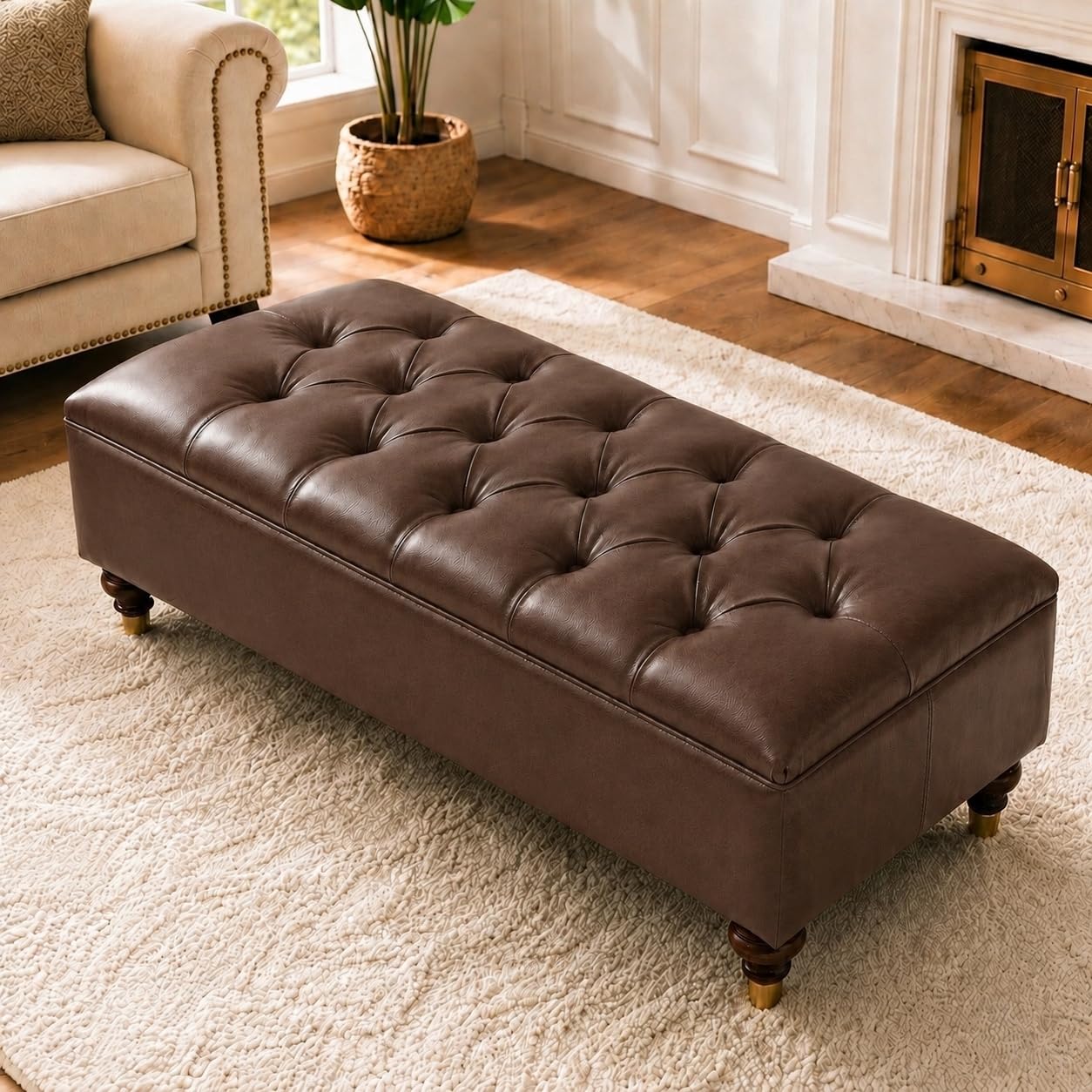 Naples Chesterfield Coffee Table Footstool Storage 102cm Brown Leather