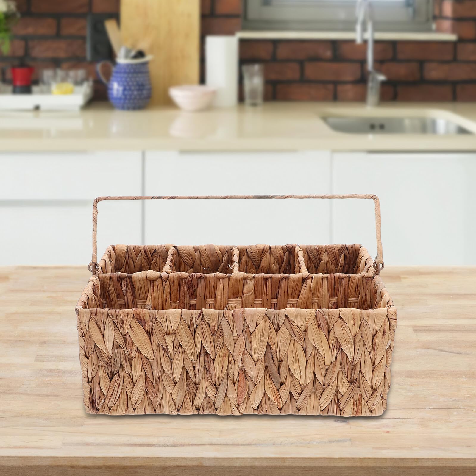Cesto Portaposate Intrecciato in Rattan con Scomparti Organizzatore da Tavola Rustico e Portatile per Posate e Utensili Contenitore in Paglia per Picnic e Cena