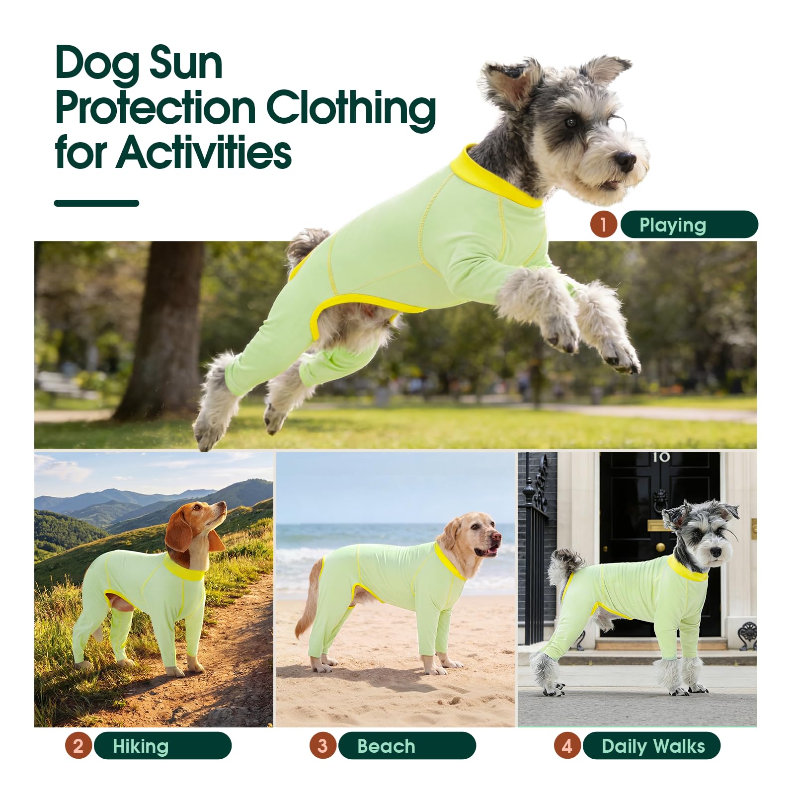 Kuoser Pijama para perros, UPF50+ chaleco refrigerante elástico para perro, verde, XS | Pijama de perro transpirable con 4 patas para perros pequeños, protección solar, camiseta para cachorros al aire libre
