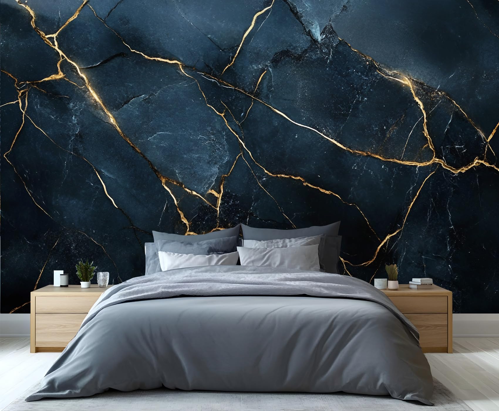 Generisch Light Luxury Wallpaper, Blue Gold Crack Marble Large Wallpaper for Living Room, Contemporary Marble Texture 200x200cm (Not Peel n' Stick)