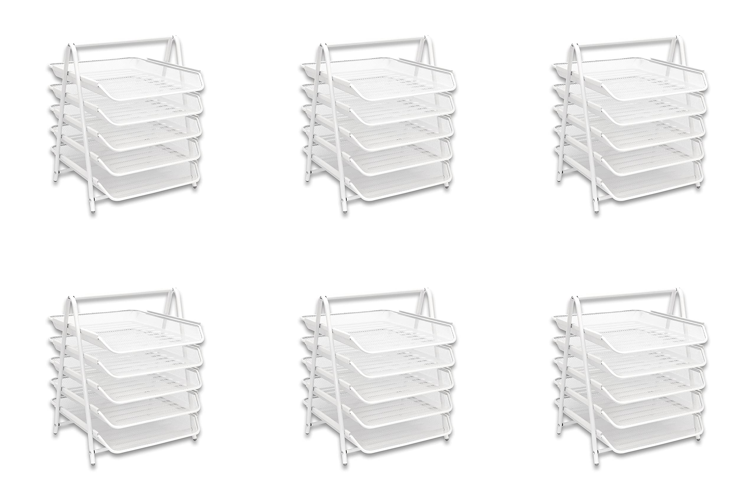OSCO Wiremesh Five-Tier Letter Tray - White - A4 and Foolscap Size - Metal Construction with Rubber Feet (Pack of 6)
