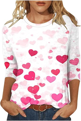 LRMQS Valentines Shirts for Women Plus Size Cute 3/4 Sleeve Funny Graphic Tee Shirt Heart Shaped Fashion Casual Clothes Tops