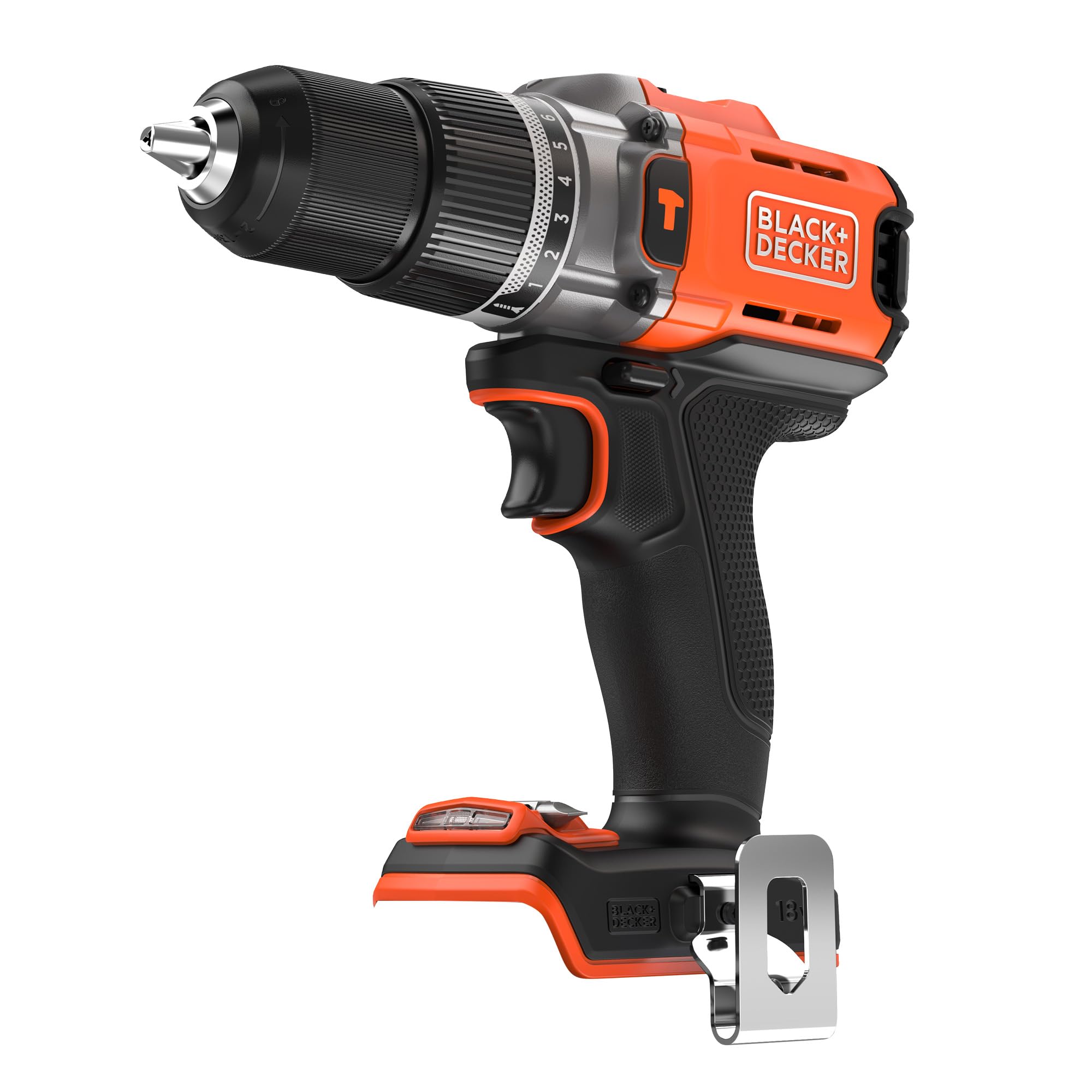 BLACK+DECKER Taladro percutor inalámbrico POWERCONNECT 18V, 45Nm de par, 2 velocidades, luz LED, portabrocas sin llave, sin batería ni cargador, BCD383XN-XJ