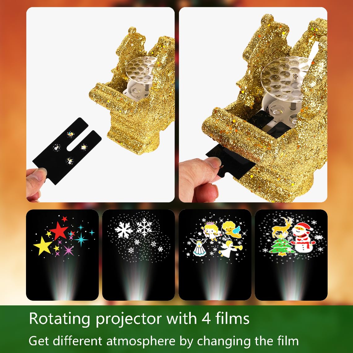 Lanzeyo Christmas Tree Topper with 4 Projected Patterns, Lighted Star Projector with Rotating LED Lights, 3D Glitter Gold Star for Xmas Party Holiday Decoration