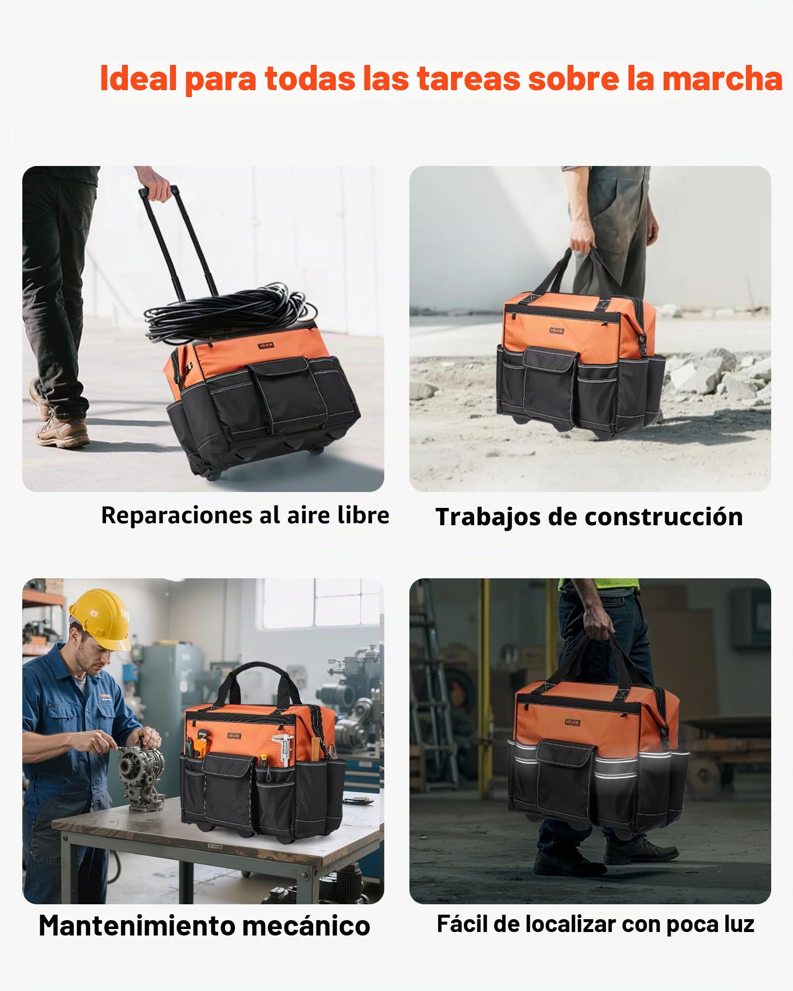VEVOR Mochila con Ruedas de 510 x 310 x 450 mm Capacidad de Carga de 50 kg, Mochila de Herramientas Resistente con 27 Bolsillos, Asa Telescópica Ajustable y Base Estable para Construcción y Mecánico