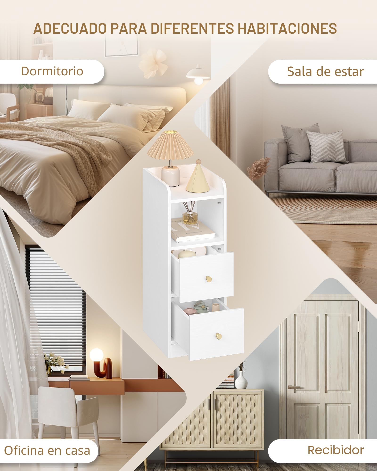 Hzuaneri Mesilla de Noche, Mesas Auxiliares con 2 Cajones, Protector Superior, para Espacios reducidos, para Dormitorio, Salón, 30 x 24 x 65 cm, Blanca con Grano de Madera NS62113X