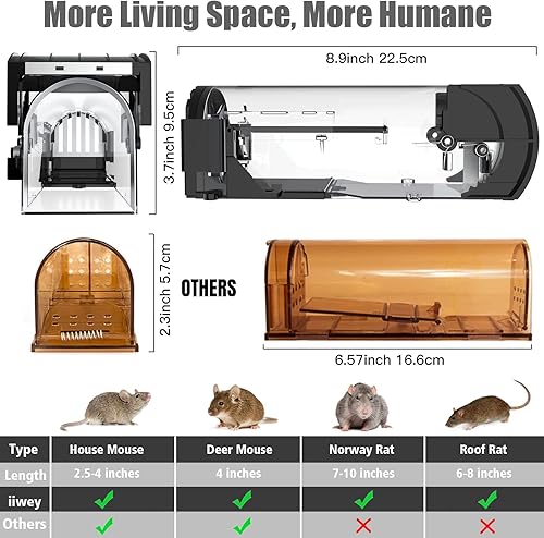 Miniatura 5 de IIWEY Trampas humanitarias para ratones, trampa para ratas ampliada de 8.9 pulgadas, trampa reutilizable para atrapar y liberar ratones, trampa para