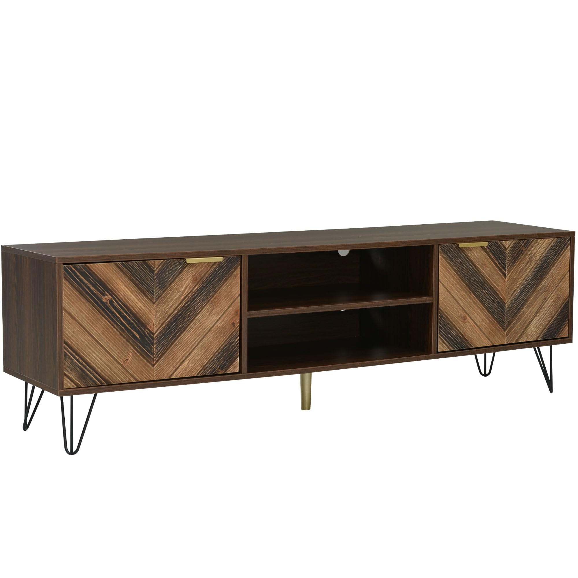 Niska szafka pod telewizor 155 x 38 x 48 cm, imitacja drewna, fornir z litego drewna z 2 drzwiami, złote uchwyty, żelazne nóżki, szafka pod telewizor do 65 cali, szafka pod telewizor, kredens, szafka