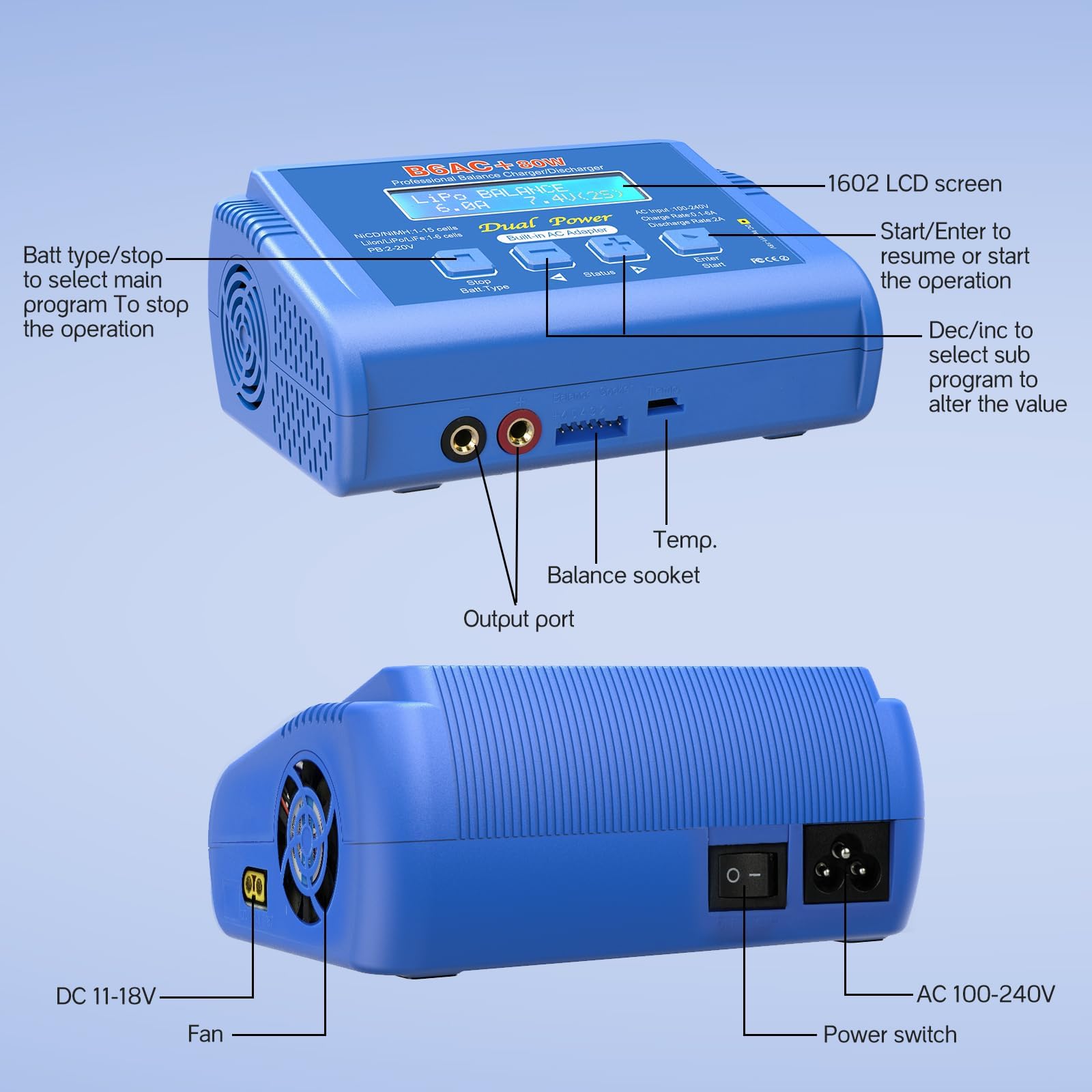 Cargador de equilibrio B6 AC Lipo con fuente de alimentación de 80 W para batería 1S 2S 3S-6S LiPo Lilon Life Lifepo4 NiCd NiMh Pb RC