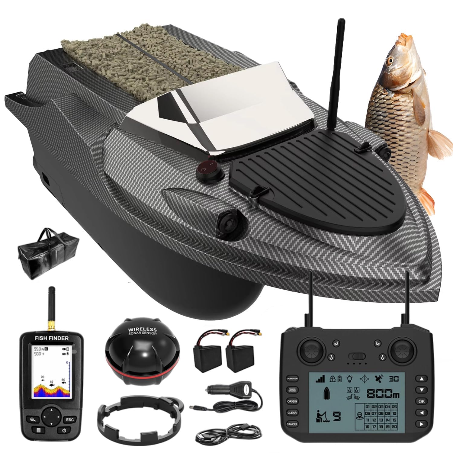 Bateau amorceur GPS echosondeur avec sondeur de pêche + Dual GPS BeiDou, 800 m portée,180 waypoints,largage 3 kg,livraison appâts,pose hameçon,traction filet,kit complet performant pour la pêche