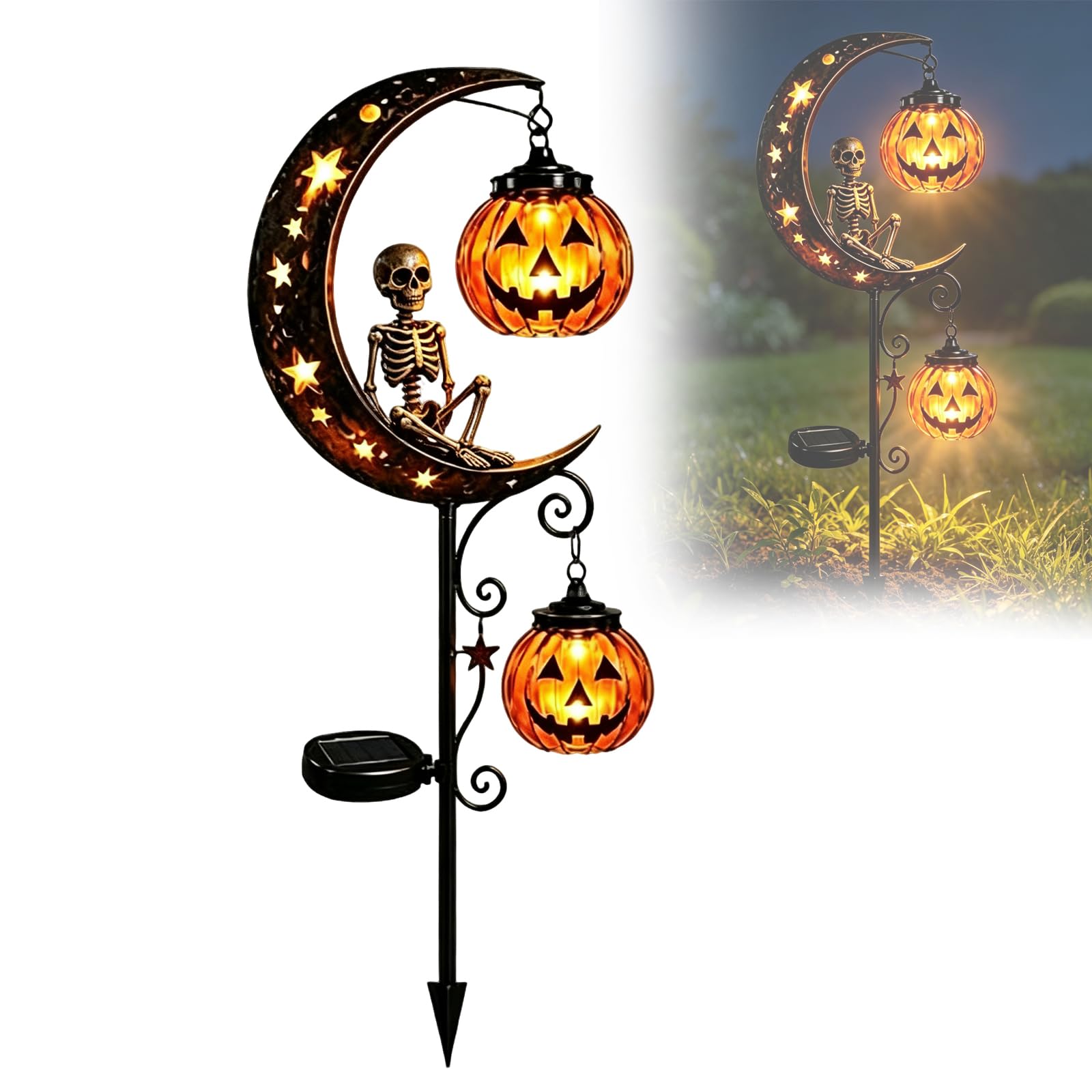 Solar Halloween Black Cat & Pumpkin Moon Garden Stake Light, Outdoor Waterproof LED Yard Decoration, Hanging Lantern Lantern for Garden, Patio, Walkway, Porch (Witch)