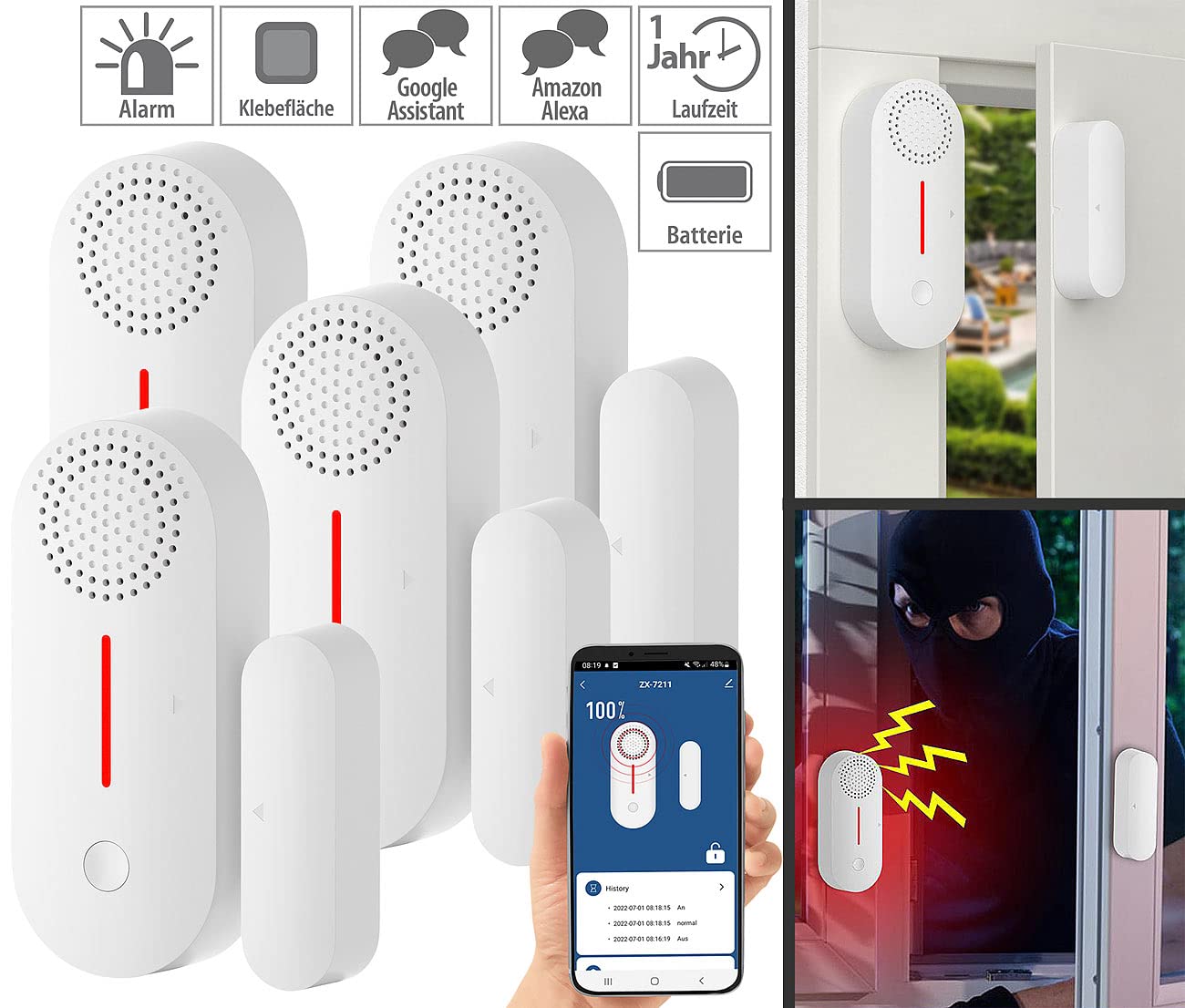 VisorTech Türsensor Alexa: 4er-Set 2in1-WLAN-Tür- & Fensteralarm, Sirene, App und Sprachsteuerung (WLAN-Türsensoren mit Sirene, Tür-Fenster-Kontakte mit)