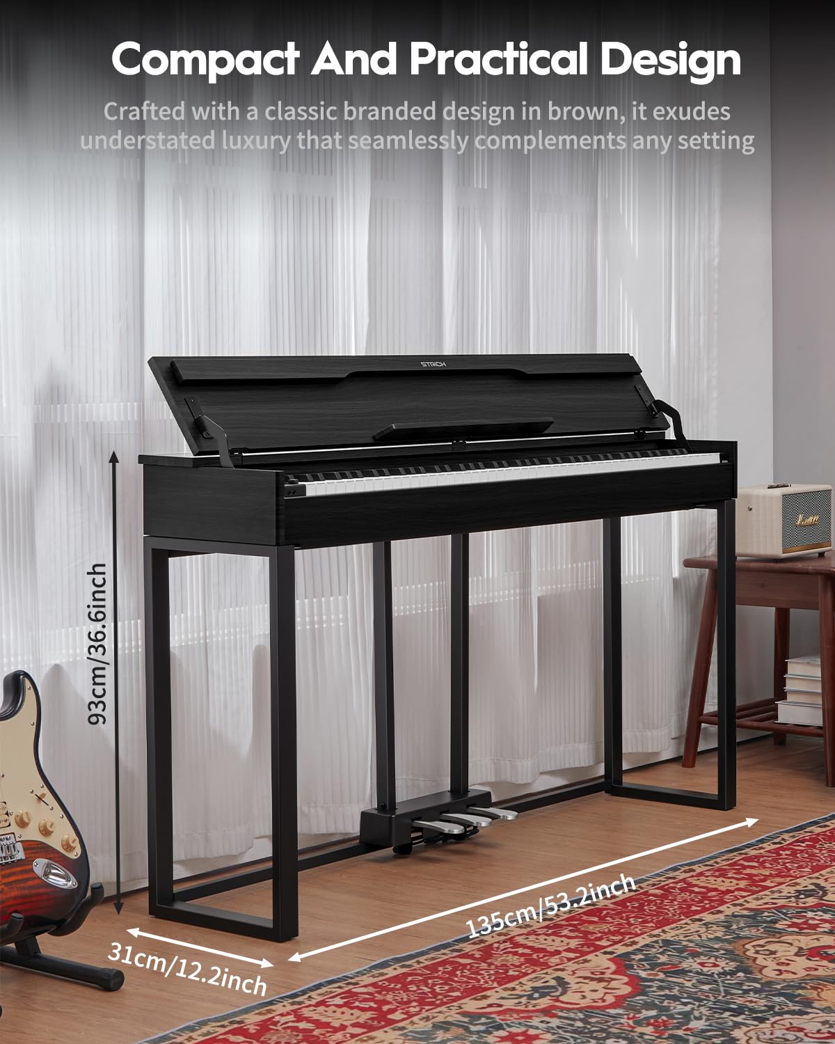 STRICH Pianoforte digitale a 88 tasti, tastiera completamente ponderata con azione a martello, tastiera per pianoforte elettrico con supporto per mobili, cuffie, tre pedali, nero classico, SDP-500