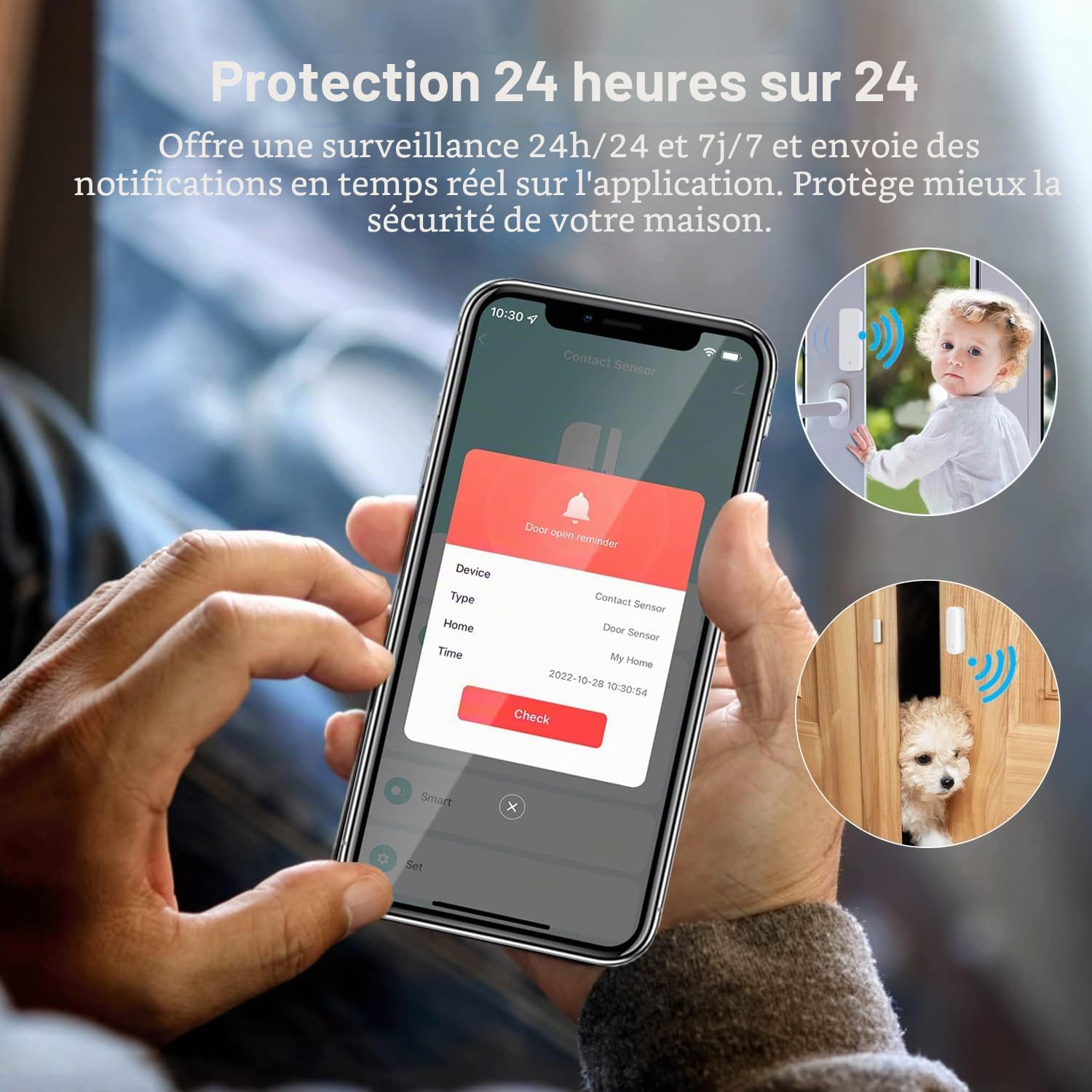 Capteur WiFi intelligent pour portes et fenêtres, alarme de porte et fenêtre, capteur intelligent de contact de porte et de fenêtre pour la sécurité de la maison compatible avec Alexa. 4PCS