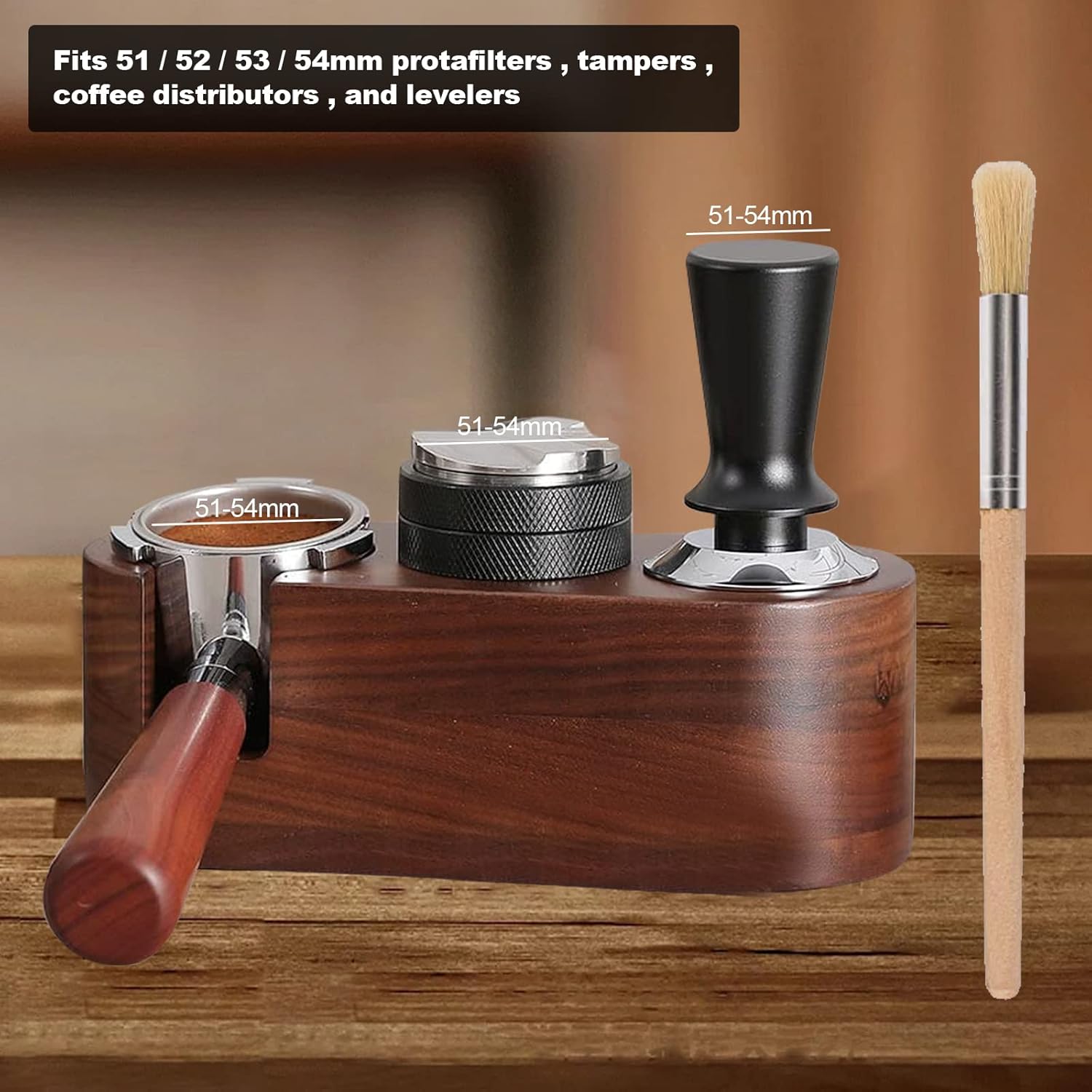 Espresso Tamping Station, Compatible With 51mm-54mm Espresso Machine Accessories Wooden Coffee Tamper Stand with Cleaning Brush for Tamper,Distributor and Portafilter