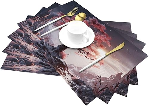 Miniatura 6 de 6 PCS PVC Placemats Set Place Mats Big Tree Growing on Pile of Stones Non-Slip Weave Place Mats 12" x 18" Farmhouse Table Mat Set for Family Dinners