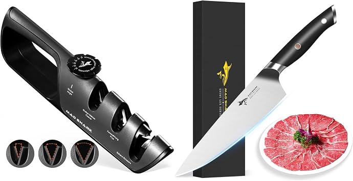 MAD SHARK 8-Inch Chef Knife Kitchen Knife+Knife Sharpener, 6 Adjustable Sharpening Angle