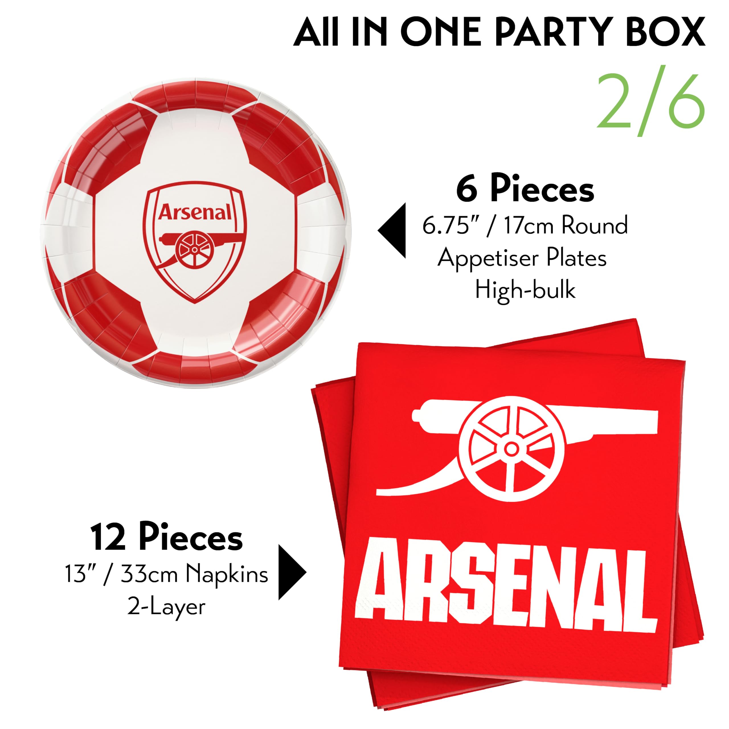 Arsenal FC Coffret de Fête Officiel 77 Pièces | Kit Tout-en-Un pour 6 Invités avec Vaisselle Jetable, Ballons Maillot, Décorations & Accessoires | Idéal Matchday & Anniversaire