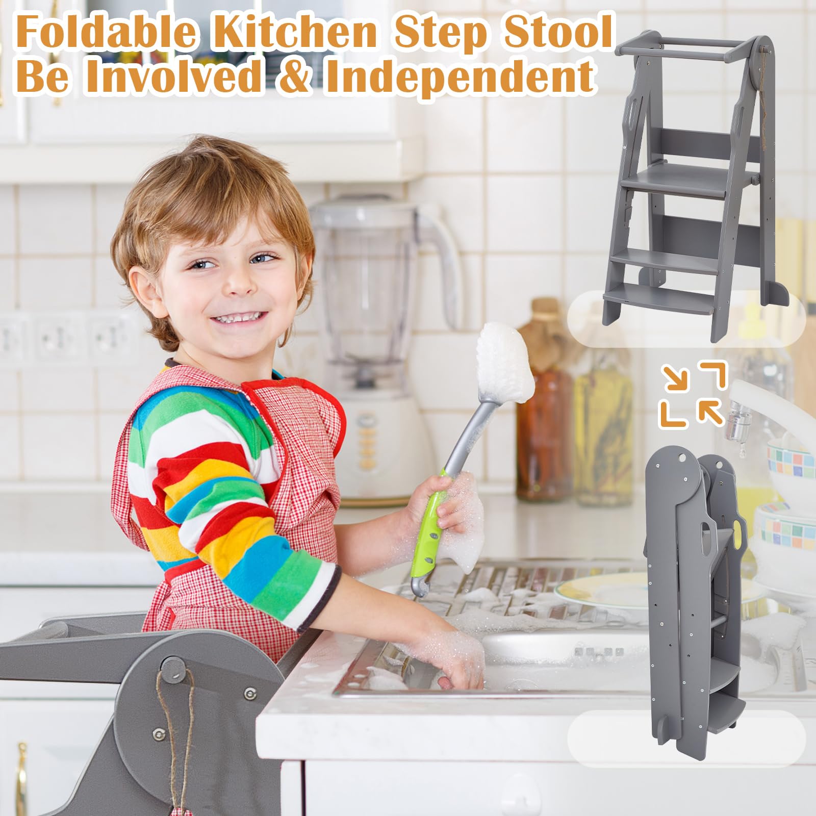 FUNLIO Montessori Tour Pliable Réglable en Hauteur sur 3 étages, Tour d Observation Enfant de 2 à 6 Ans, Facile à Assembler, Tour d'observation Montessori avec Rails de sécurité, approuvé CE - Gris