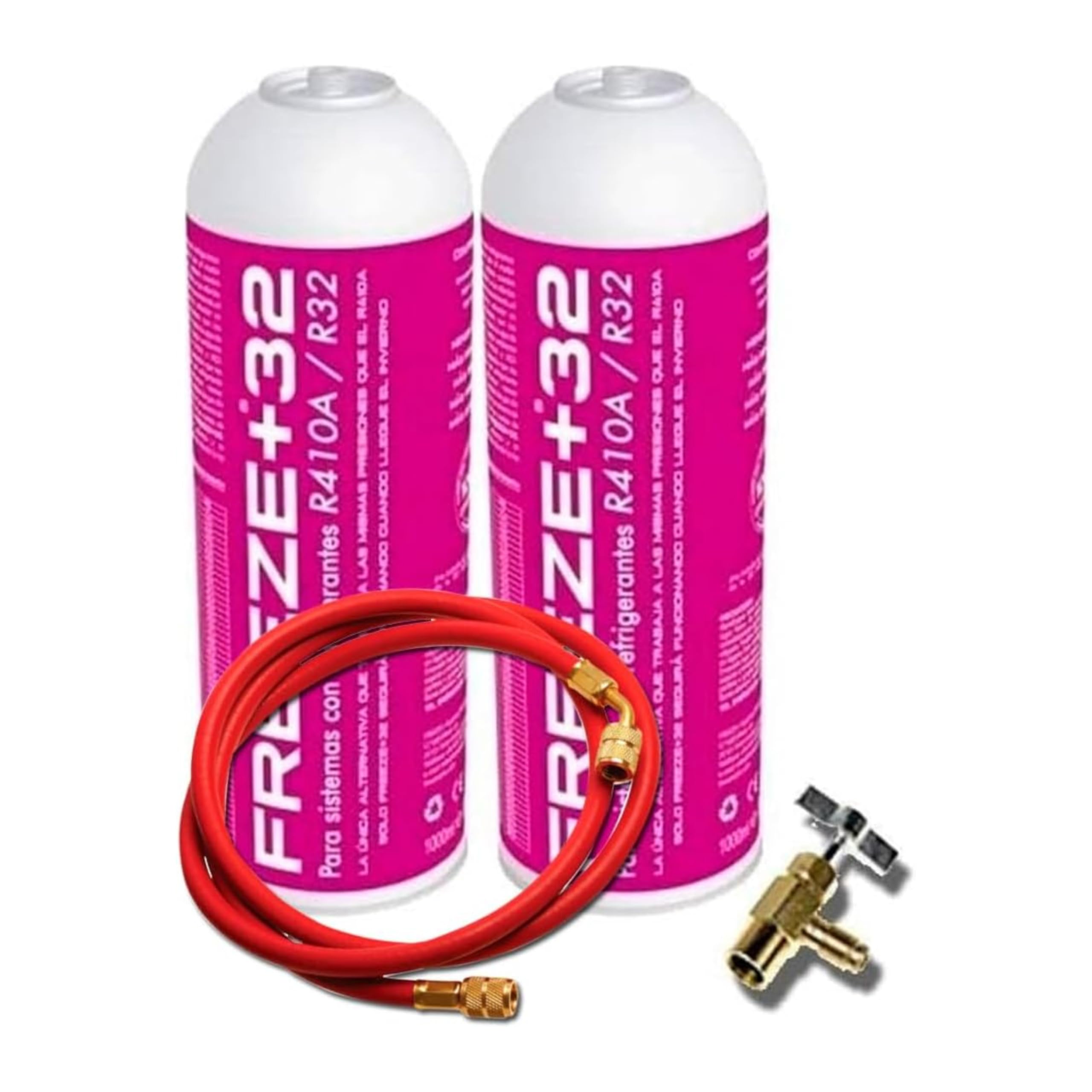KIT Genérico Gas Refrigerante Freeze Orgánico +32 (2 Botellas 350Gr + Válvula Sustituto R32, R410A. + Manguera de Carga) - Gas Aire Acondicionado Coche, Gas R32 Para Aire Acondicionado, Refrigerante R