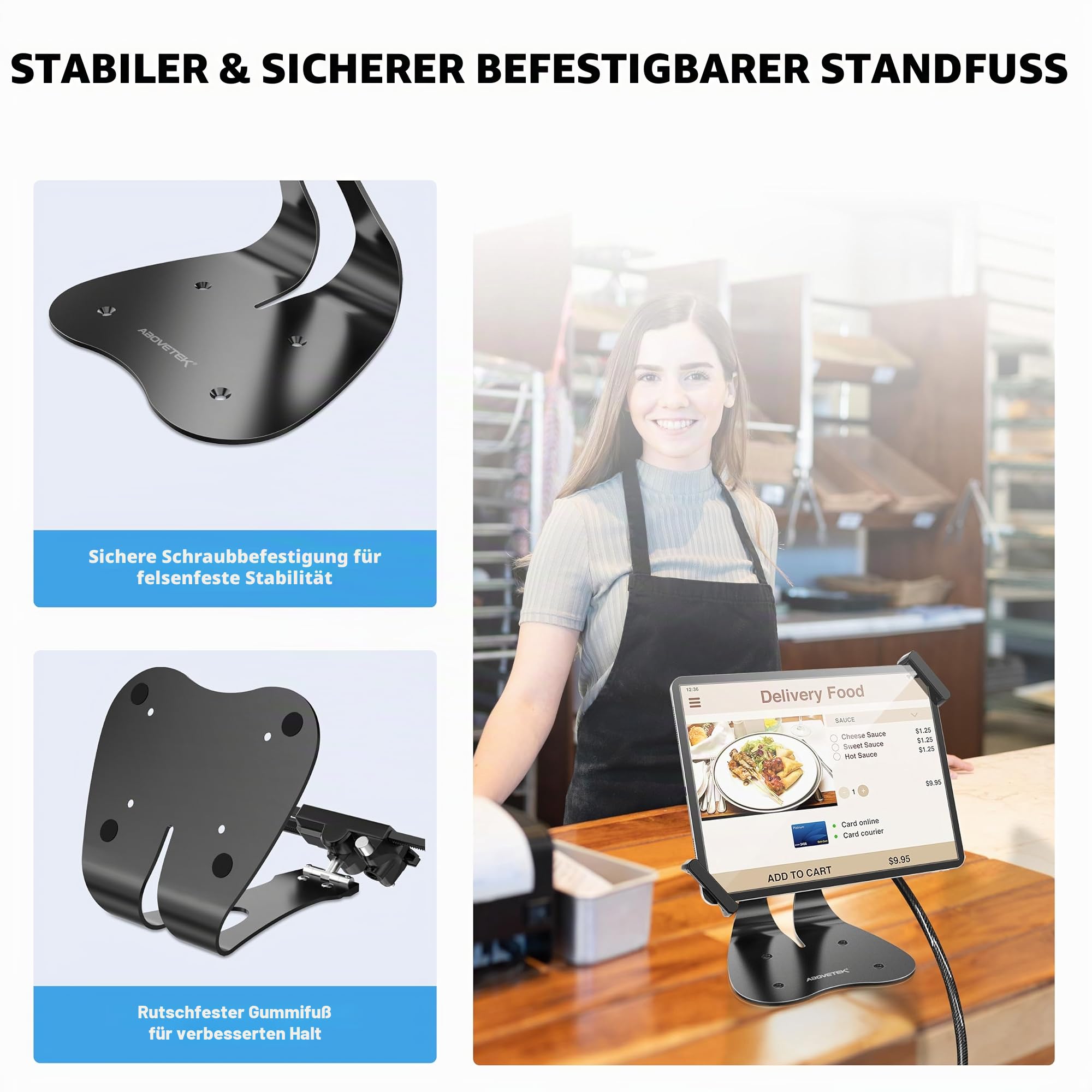 AboveTEK Diebstahlsicherer iPad-Ständer, Universeller POS-Tablet-Ständer, Diagonal iPad-Halterung für 7-13 Zoll, Galaxy mit Sicherheitskabel, 360° Drehung für Geschäft & Einzelhandel