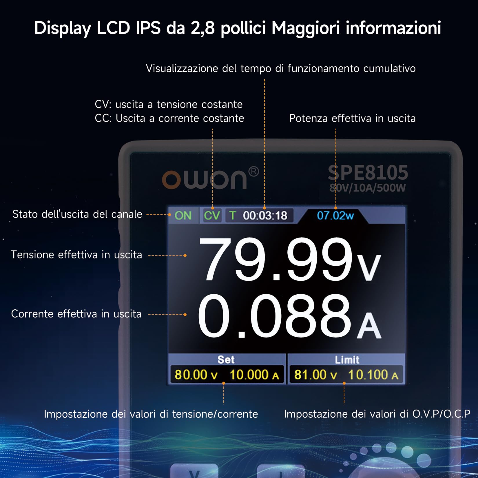 OWON Alimentatore da laboratorio (0-80 V, 0-10 A), alimentatore DC programmabile con potenza di uscita max. 500 W, display LCD da 2,8 pollici e pulsante di attivazione/disattivazione uscita SPE8105