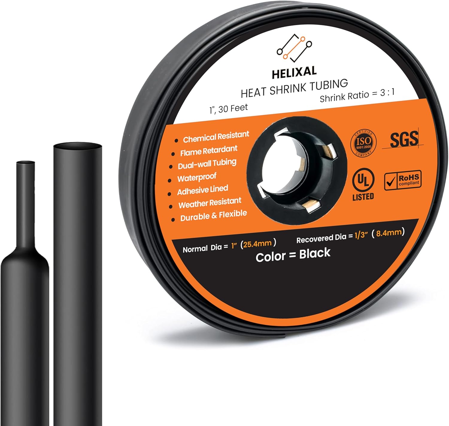 1" Heat Shrink tubing, 3:1 Ratio Wire Heat Shrink Tubing Industrial and Marine Grade, Dual Wall Adhesive Lined Wire Shrink Wrap Tubing, Waterproof Heat Shrink Tube - Black, 30 Feet Roll