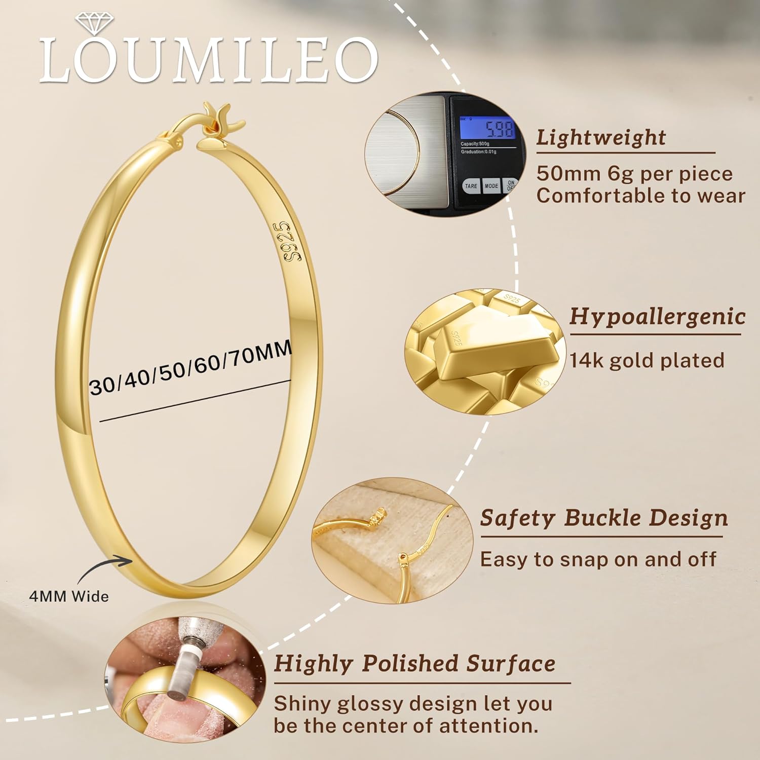 LOUMILEO 4mm Wide Large Silver Hoop Earrings Lightweight 925 Sterling Silver Hoop Earrings for Women Hypoallergenic Big Thin Hoops Earring for Women 30/40/50/60/70MM - Image 4