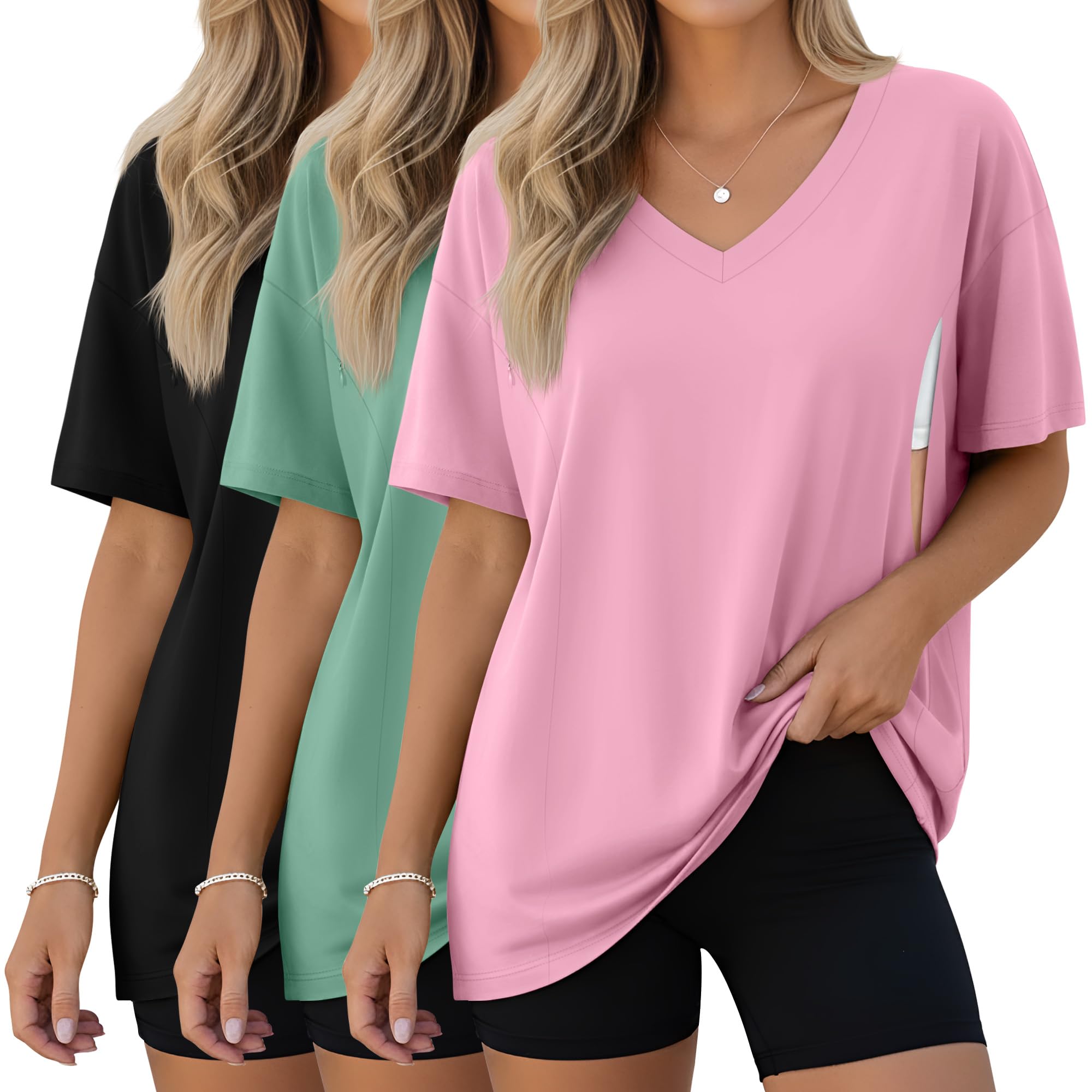 Photo 1 of ***Missing 1*** Sweetyweee 3 Pack Women's Oversize Nursing Shirts for Breastfeeding with Hidden Zippers Loose Fit Short Sleeve Maternity Tops(Pink, Light Green, Black,XX-Large)