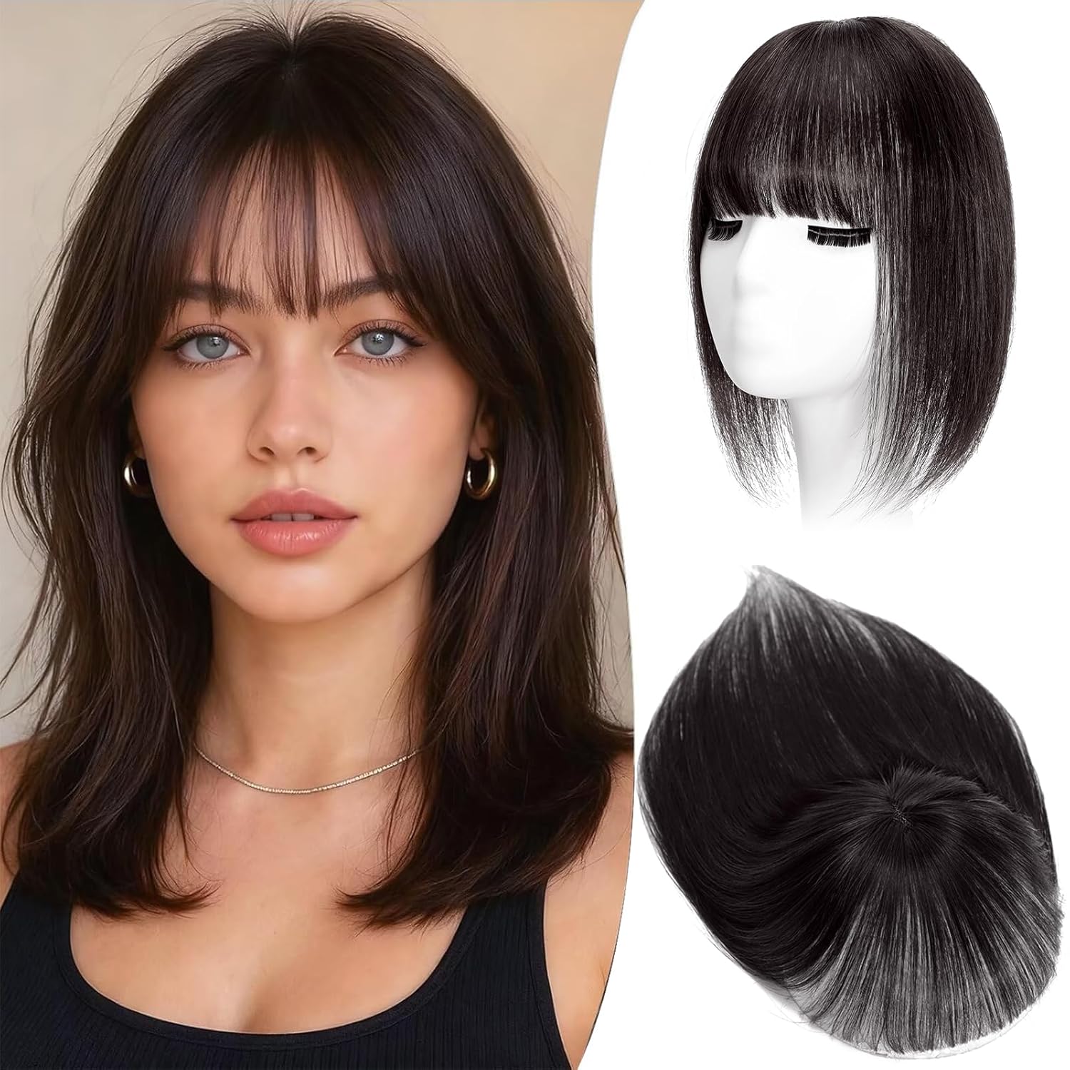 Hair Toppers for Women Real Human Hair Chocolate Brown 12inch Hair Toppers with Bangs for women,Clip in Bangs Human hair Topper Hair Extensions/Pieces Upgrade Lace Base