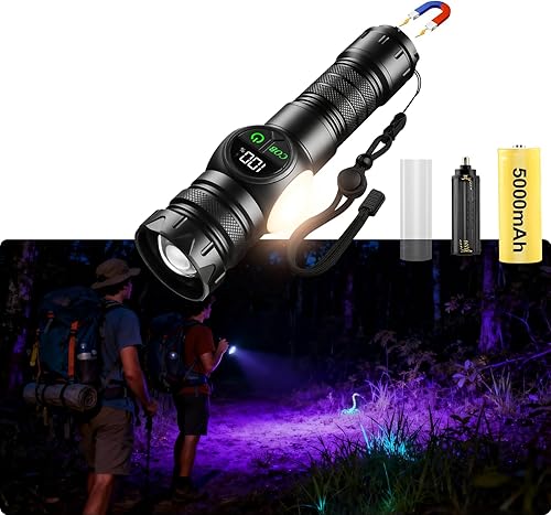 Linterna UV recargable 4 en 1 de 6500 K  395 nm, atenuación continua de 5000 lúmenes, haz de zoom IP45, luz UV, haz de zoom de 5000 mAh, luz de