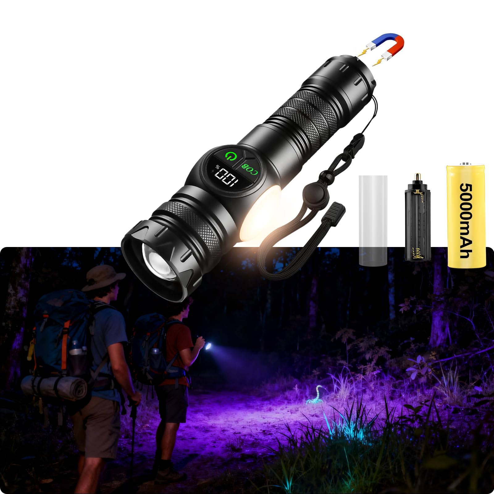 iodoo 4 in 1 Rechargeable 6500K / 395nm UV Flashlight Dimming Stepless True 5000 Lumens IP45 Zoomable Beam UV Light, 5000mAh Zoomable Beam LED Flash Light with Magnet Power Failure