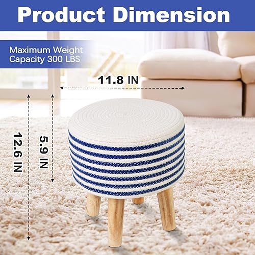 Miniatura 2 de YLCHHOMY Taburete pequeño otomano redondo con cuerda de algodón natural, reposapiés tejido a mano con patas de madera acolchadas de 1.6 pulgadas de