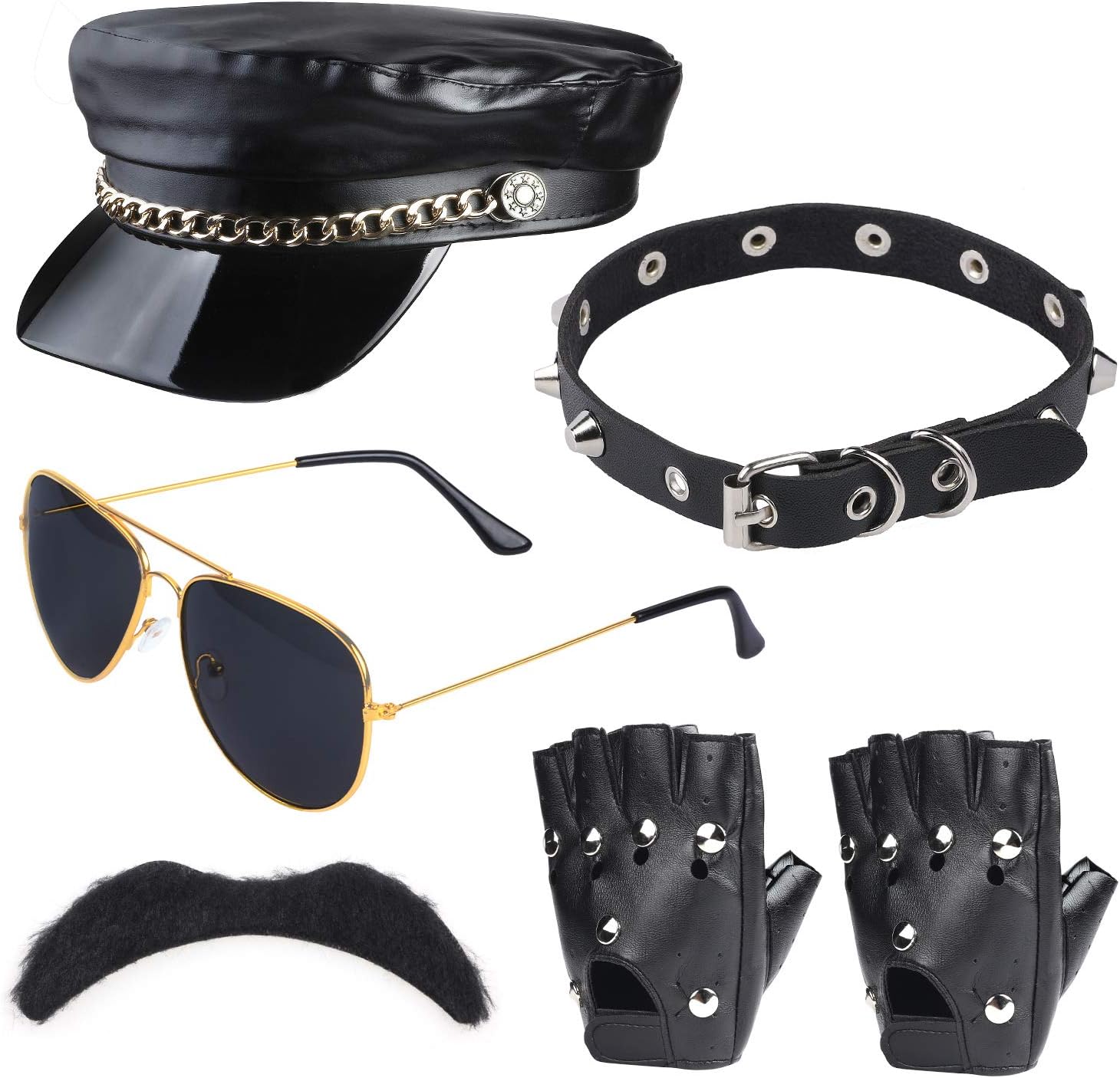 Haichen Men Biker Costume Accessories Black Biker Cap Sunglasses Mustache Gloves Choker Steam Punk Party Fancy Dress (Black1)