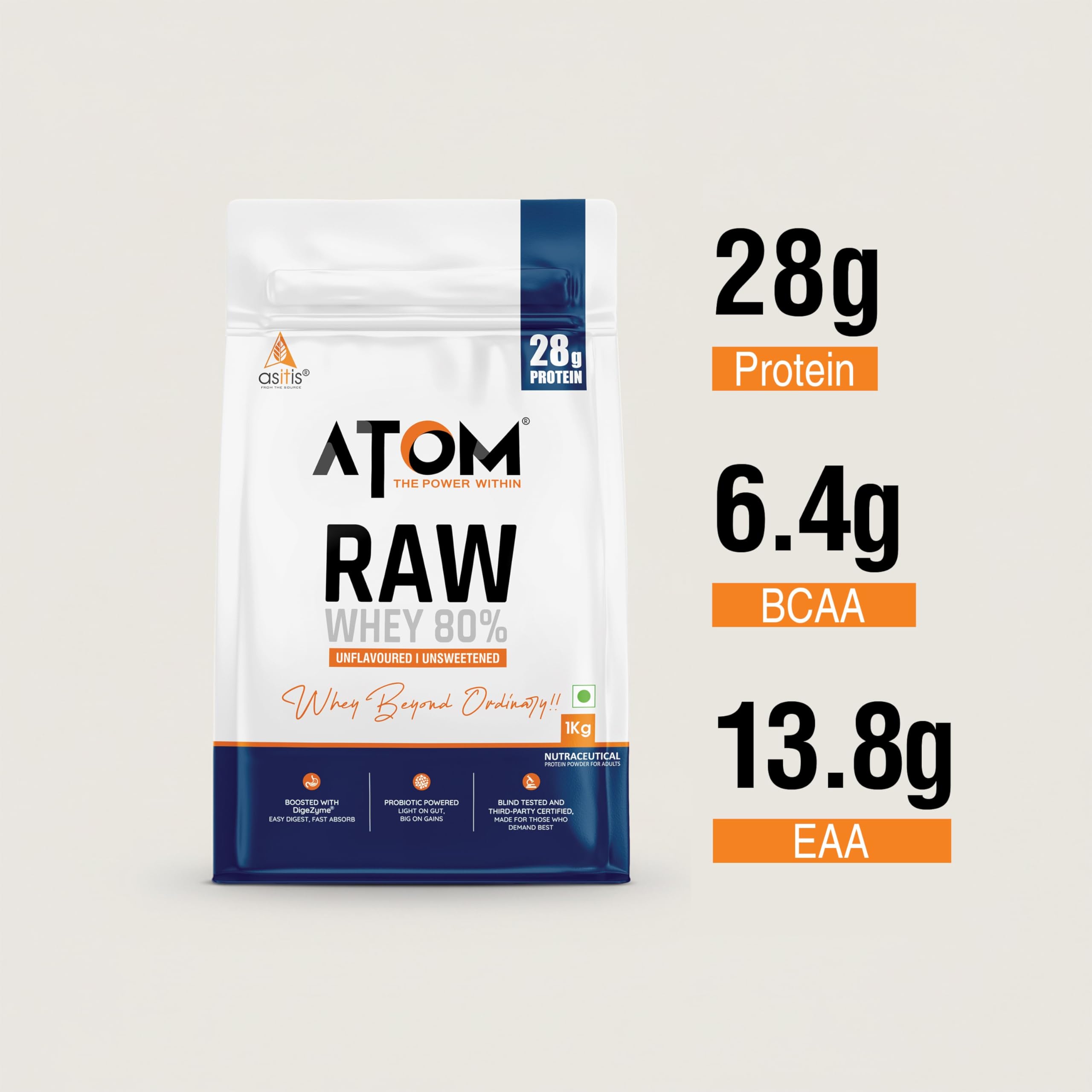 AS-IT-IS ATOM Raw Whey Protein 1kg with Enzymes | 28.5g Protein | USA Labdoor certified | 6.4g BCAA — Amazon image 4