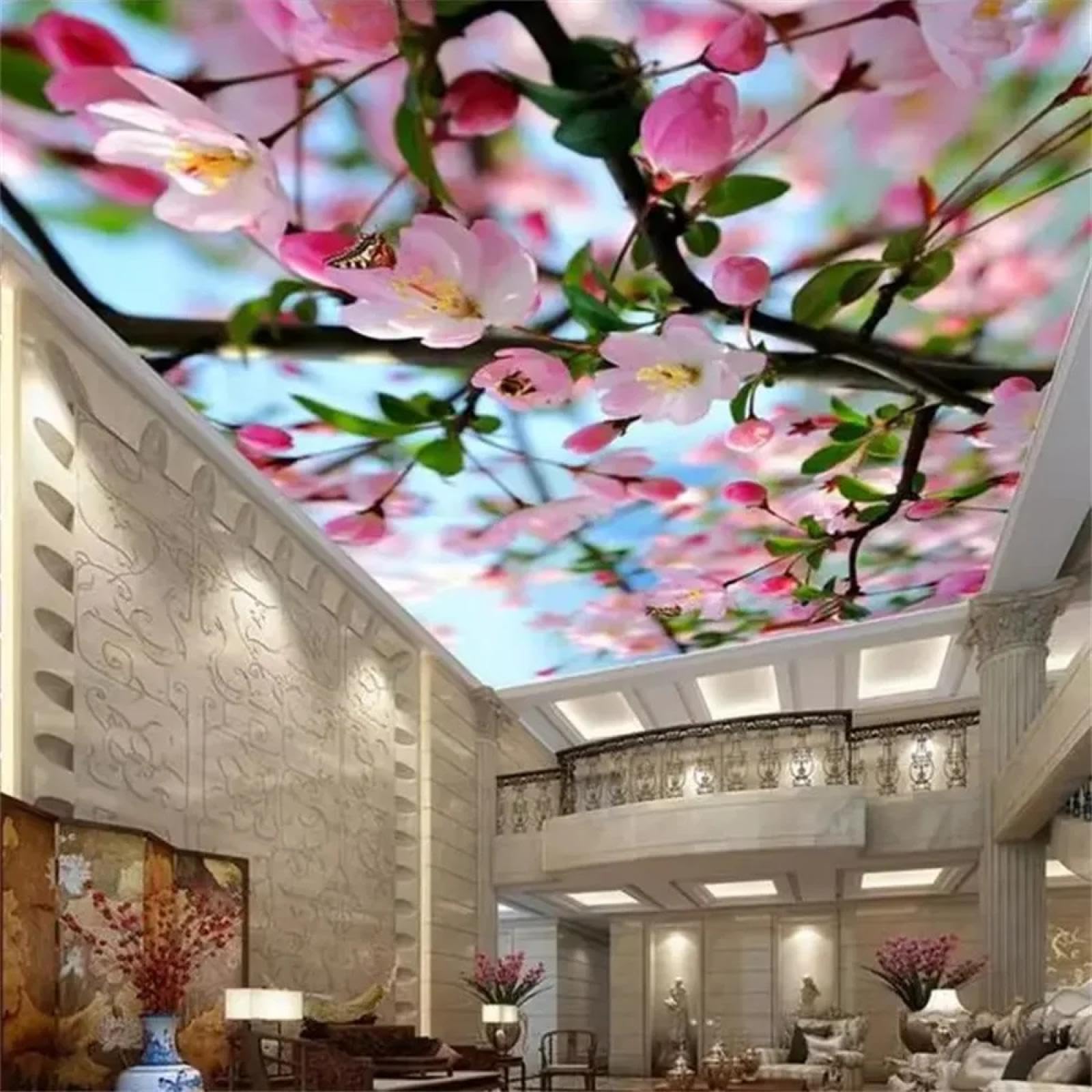 Plafond en cerisiers en fleurs avec ce papier peint 3D de salon cosy
