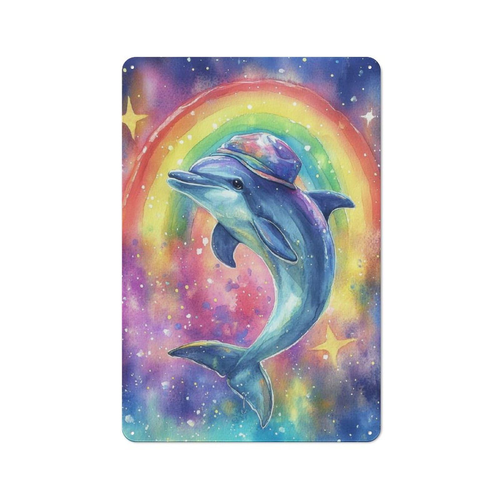 Vintage Tin Sign 30x20cm with Rainbow Dolphin Watercolor for Hobby Room Or Studio, for Metal Sign Collectors, for Garage And Workshop Walls