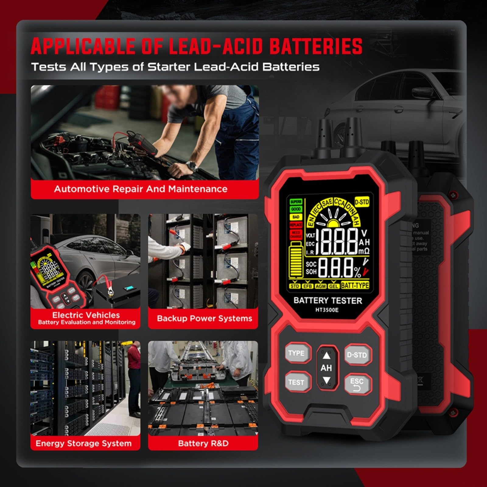 HT3500E Testeur de batterie 12 V/24 V, testeur CC 0-1999 pour voiture, analyse SOC/SOH/IR, compatible avec STD/EFB/AGM/Gel