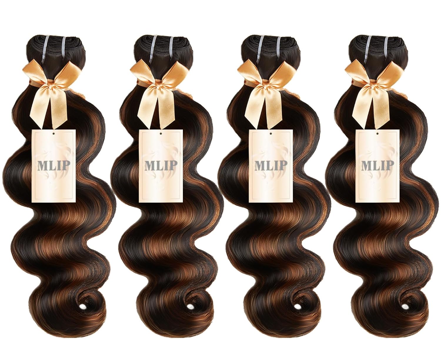 mlip (14 16 18 18 Inches Raw Bundles Human Hair Body Wave 4 Bundles, No Tangle Shedding, Keep Texture Silky Soft After Multiple Washes, 15A Raw Indian Hair Bundles, Brown Highlight Bundles