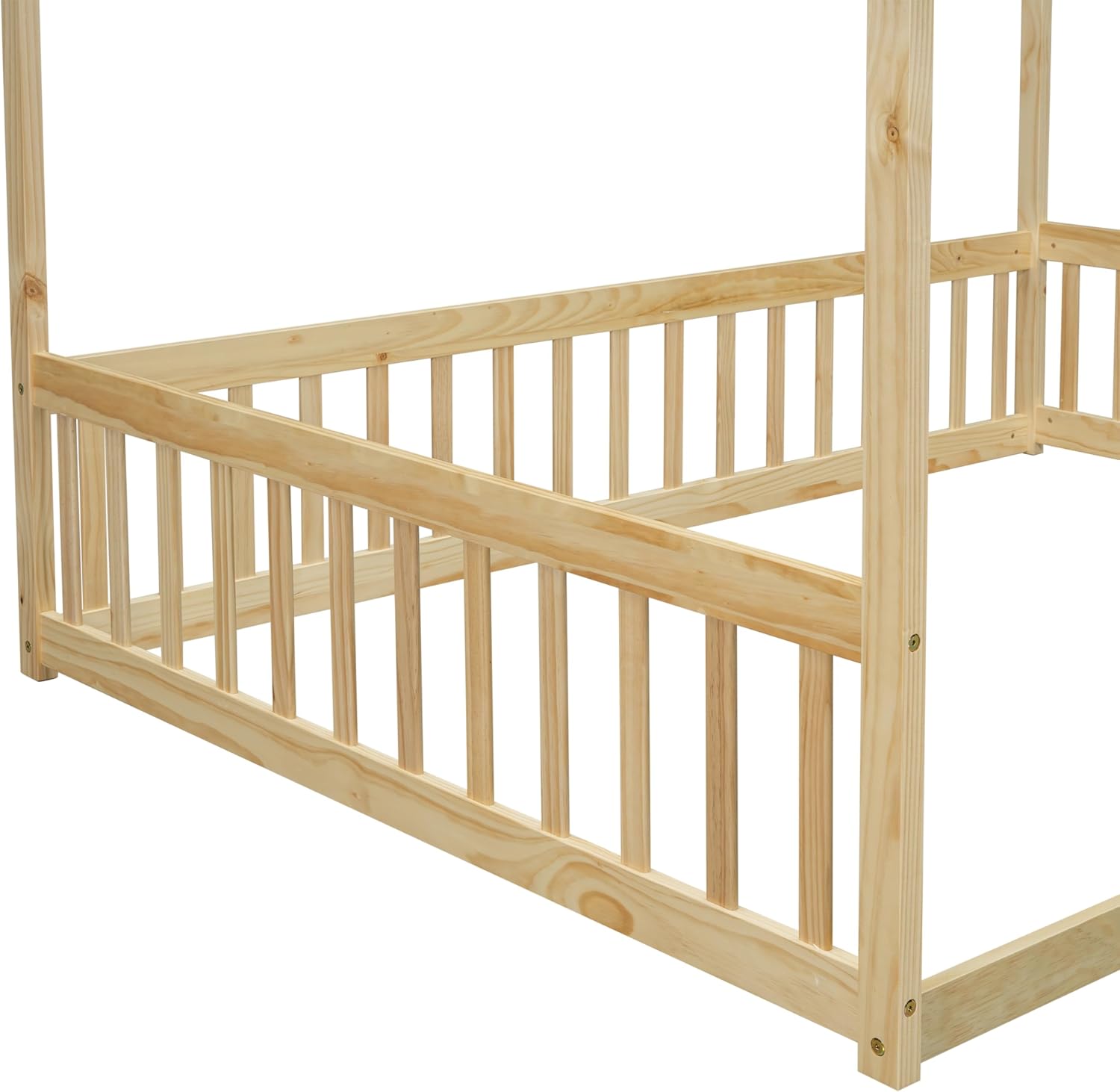 Full Size Canopy Bed, Wooden Floor Bed Full Bed Frame with Fence, Guardrails for Kids, Children, Boys&Girls, No Slats, Natural