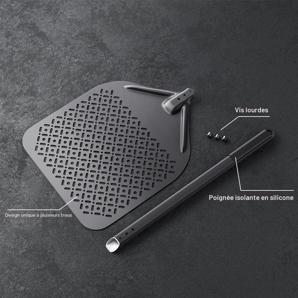 Pelle à pizza perforée, 35 cm, pelle à pizza en aluminium anodisé dur avec manche amovible pour pizzas, pain, tartes faites maison