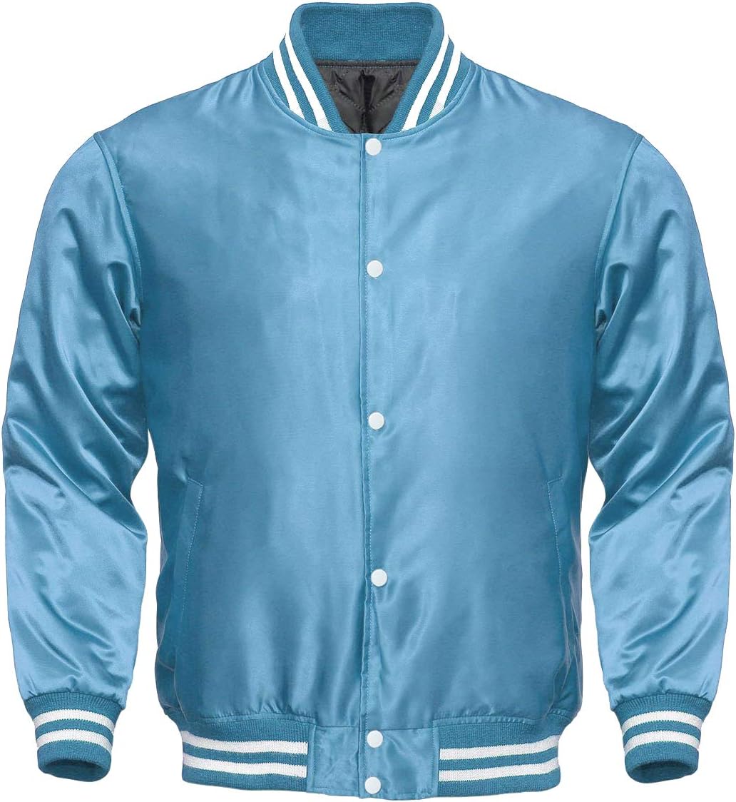 Men's Varsity Bomber Style All Satin Jacket Letterman Baseball Knit Rib Jacket