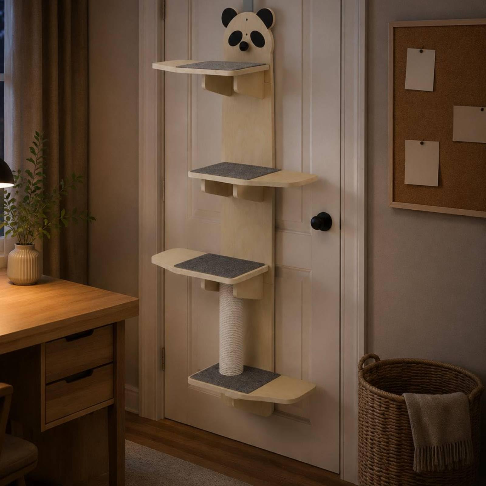 Tiragraffi Torre per Gatti Arrampicata Albero Piattaforme in HDF con Mensole Imbottite Superfici Testurizzate E Sfera, Panda In Fibra Ad Alta Densità Di Quercia Gialla Da 12 Mm