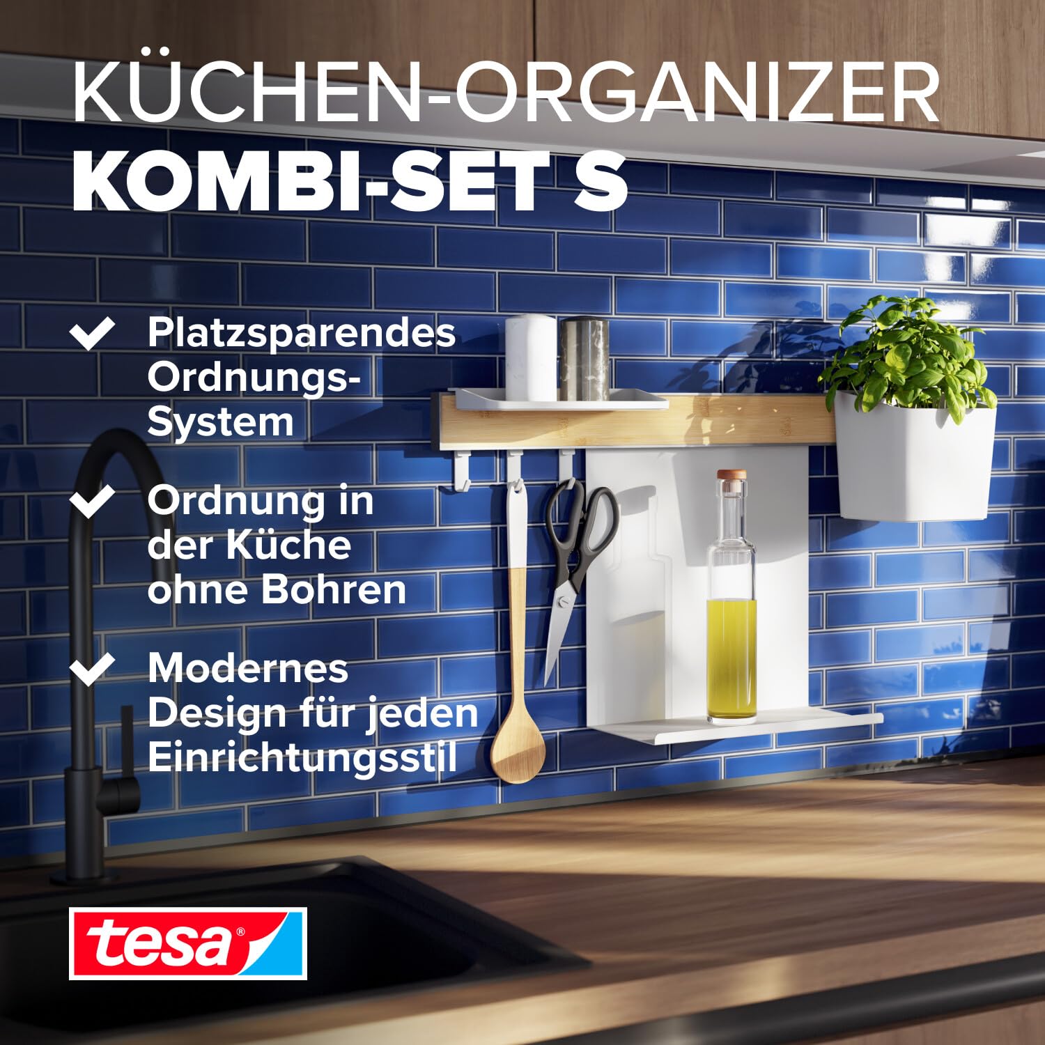 tesa Küchen-Organizer Kombi-Set S - selbstklebende Küchenleiste mit Kräutertopf, 2 Ablagen, Hakenleiste inkl. 3 Haken - Montage ohne Bohren