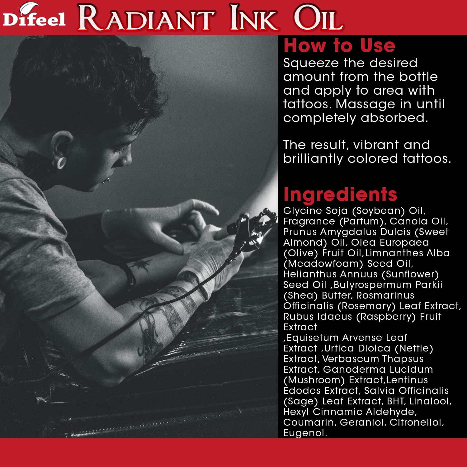 Difeel Radiant Ink Oil - Freshens and Adds Vibrancy to Faded Tattoos 7.1 oz. - Revives & Renews Old Tattoos, Tattoo Revitalizer Oil, Tattoo Refresh Oil