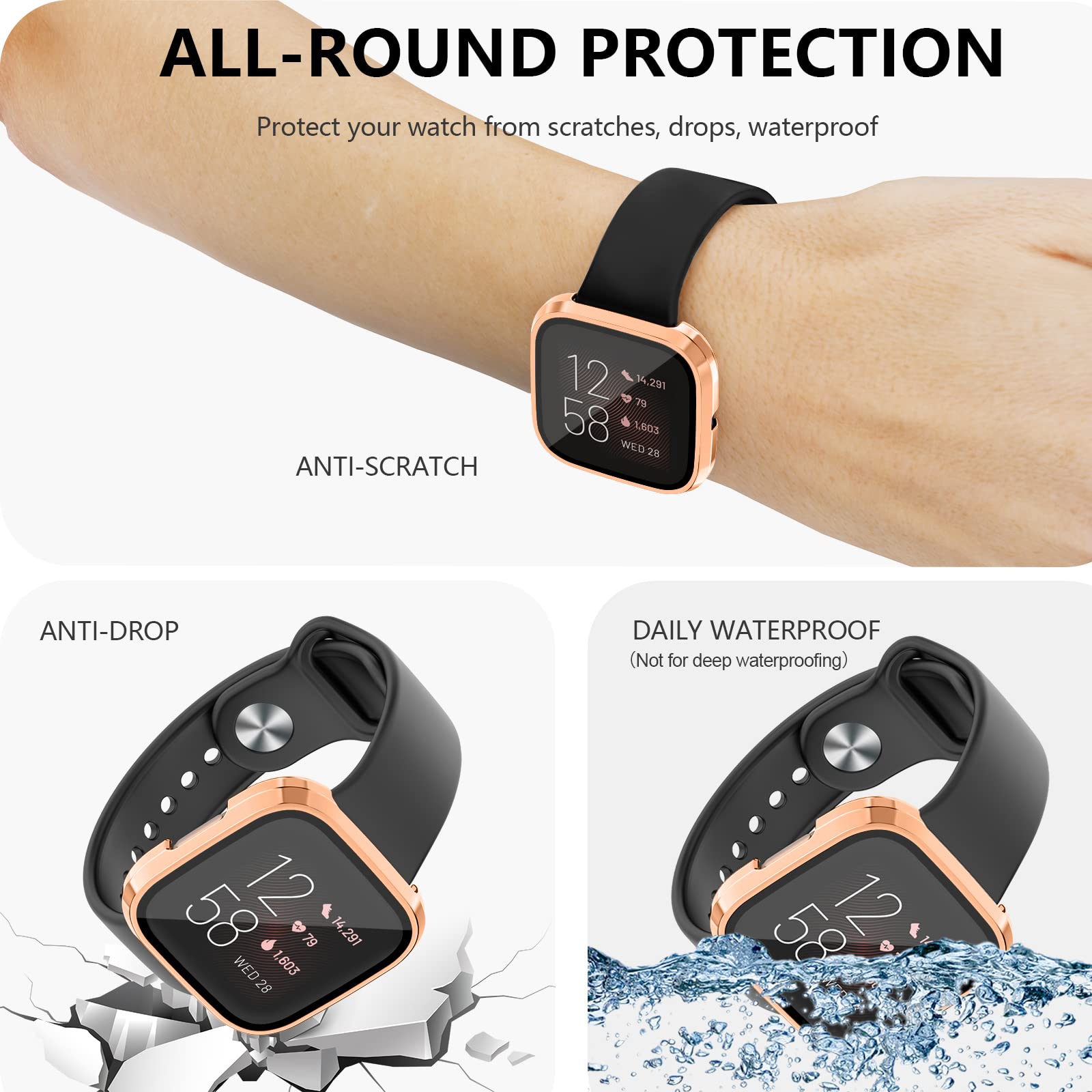 Acadeny 2 pezzi Custodia rigida compatibile con Fitbit Versa 4/Sense 2 con pellicola protettiva,9H Durezza Hart PC Case sottile in vetro temperato per Smart, Nero+Nero