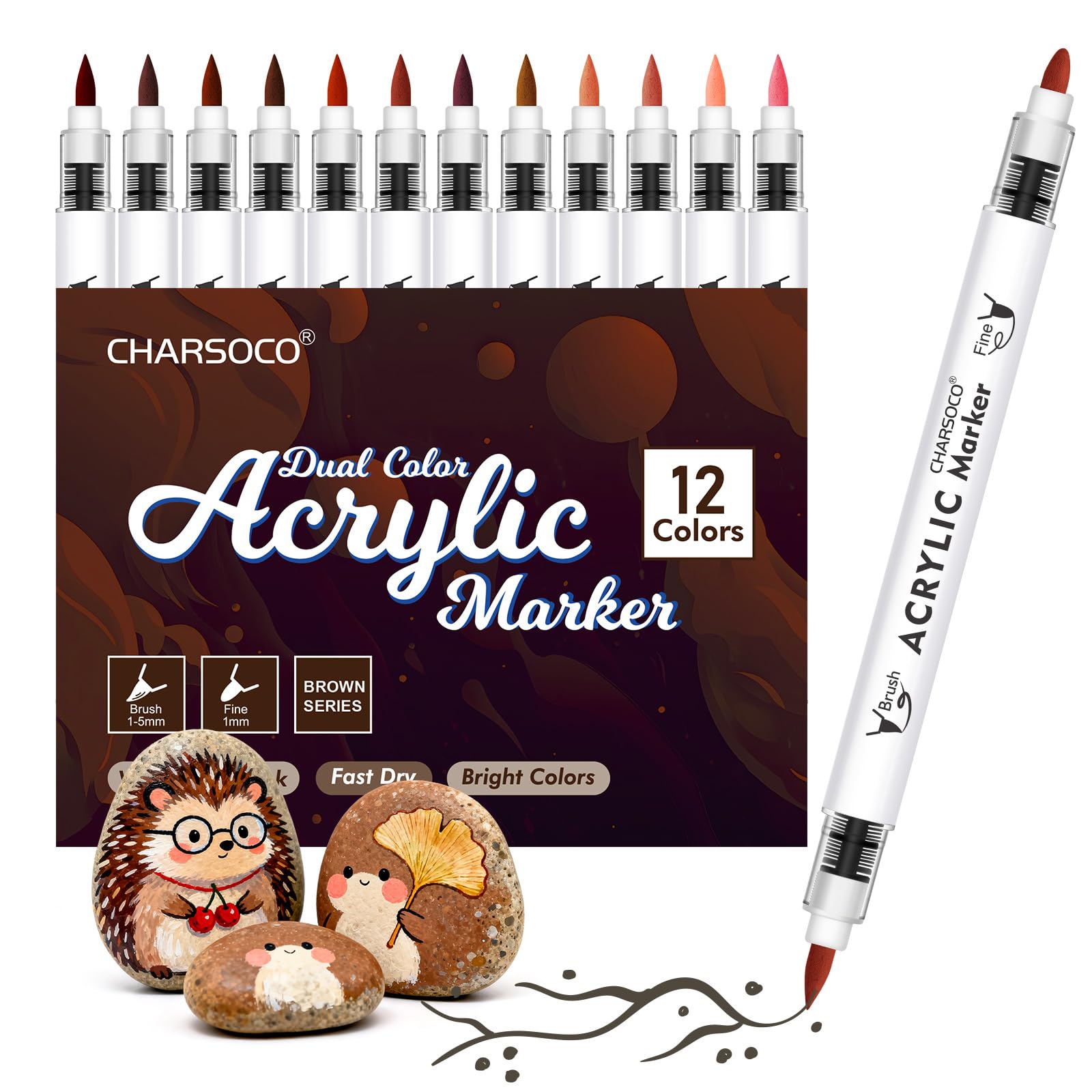 Brown Tones Acrylic Paint Pens, 12 Colors Markers Set with Soft Brush & Bullet Tip, for R…