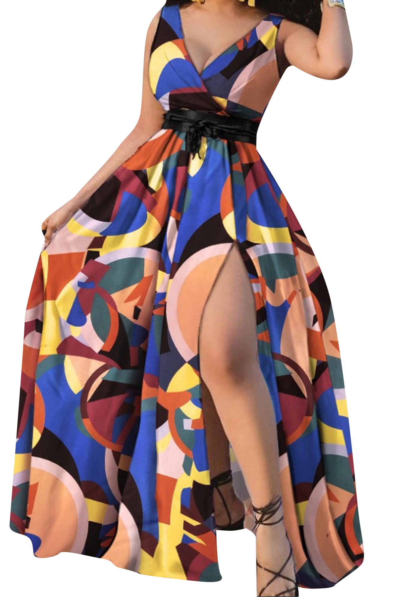 ZICUE Women's Sexy Sleeveless Dress V Neck Side Split Maxi Party Dress High Waist Evening Gown