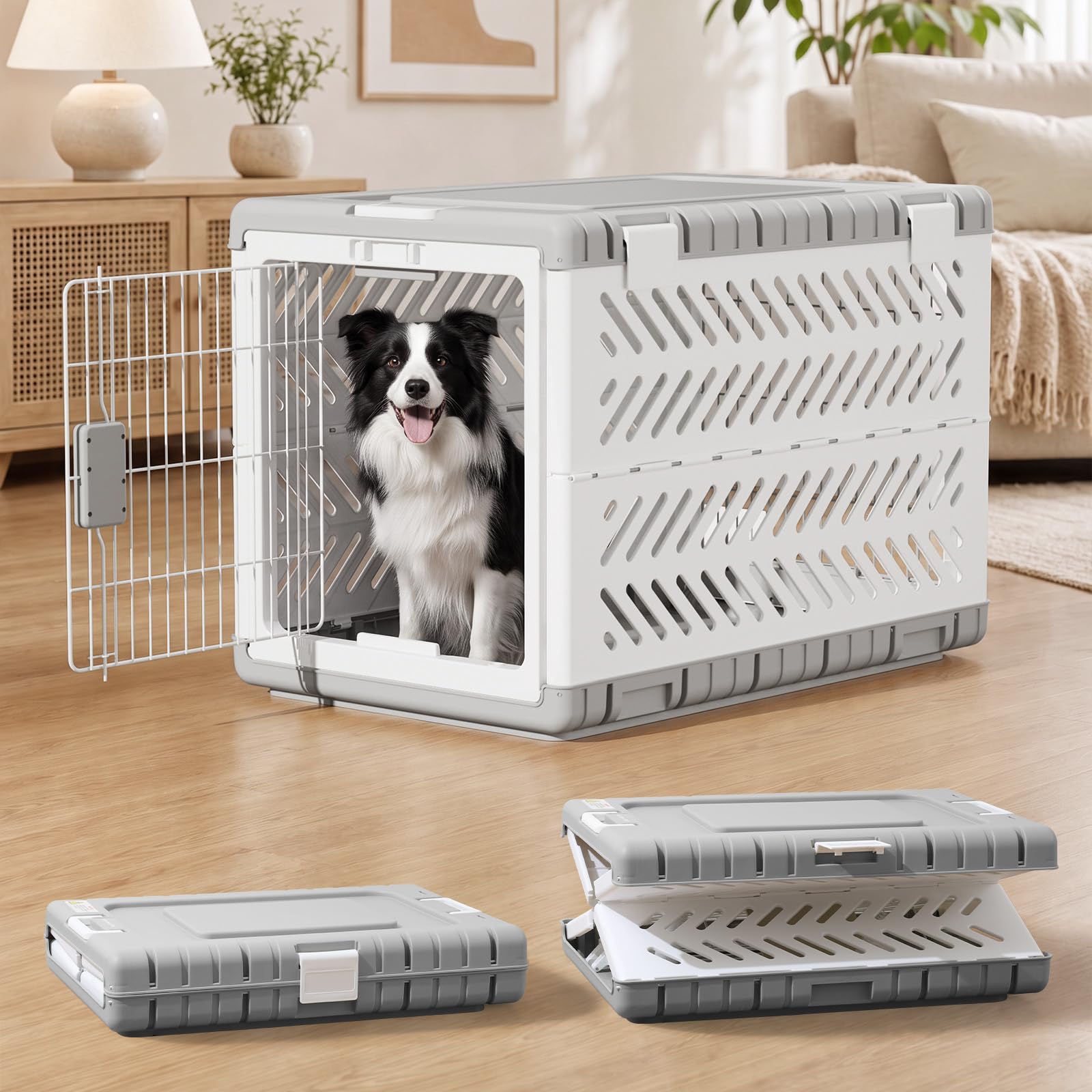 Photo 1 of ***HEAVILY USED***36" L Travel Dog Crate -Collapsible Dog Crate for Large/Medium Dogs, No Tools Required with Space Saving Design,Portable Foldable Dog Carrier with 2 Smooth Wheels,Handles for Easy Moving,Grey
